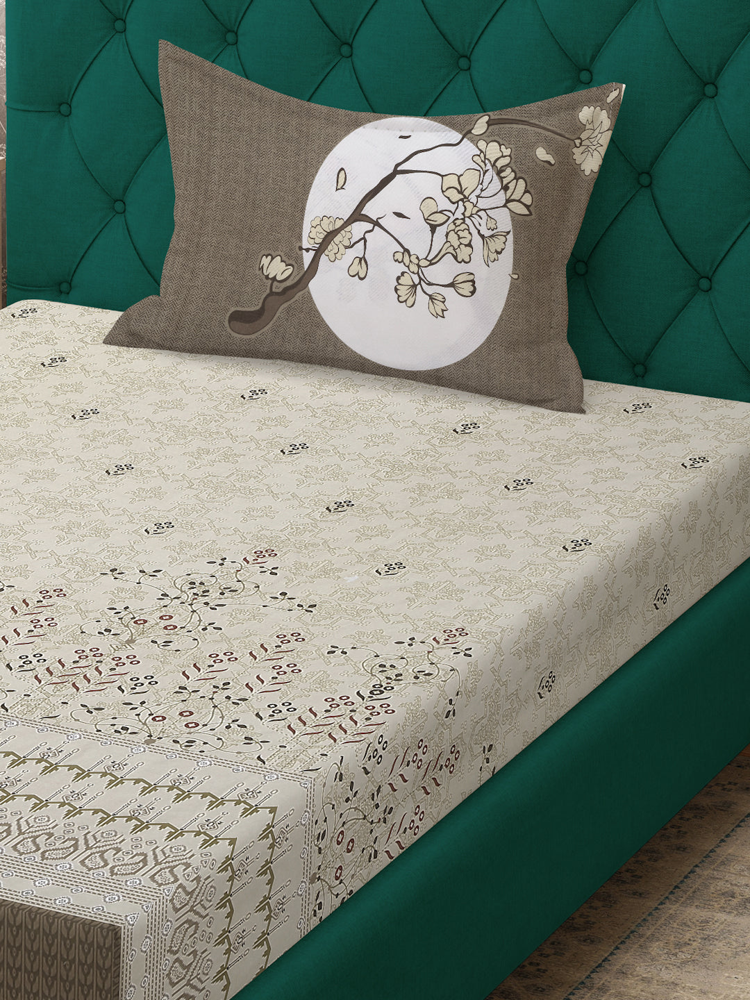 Klotthe Brown Floral 400 TC Pure Cotton Single Bedsheet with Pillow Cover