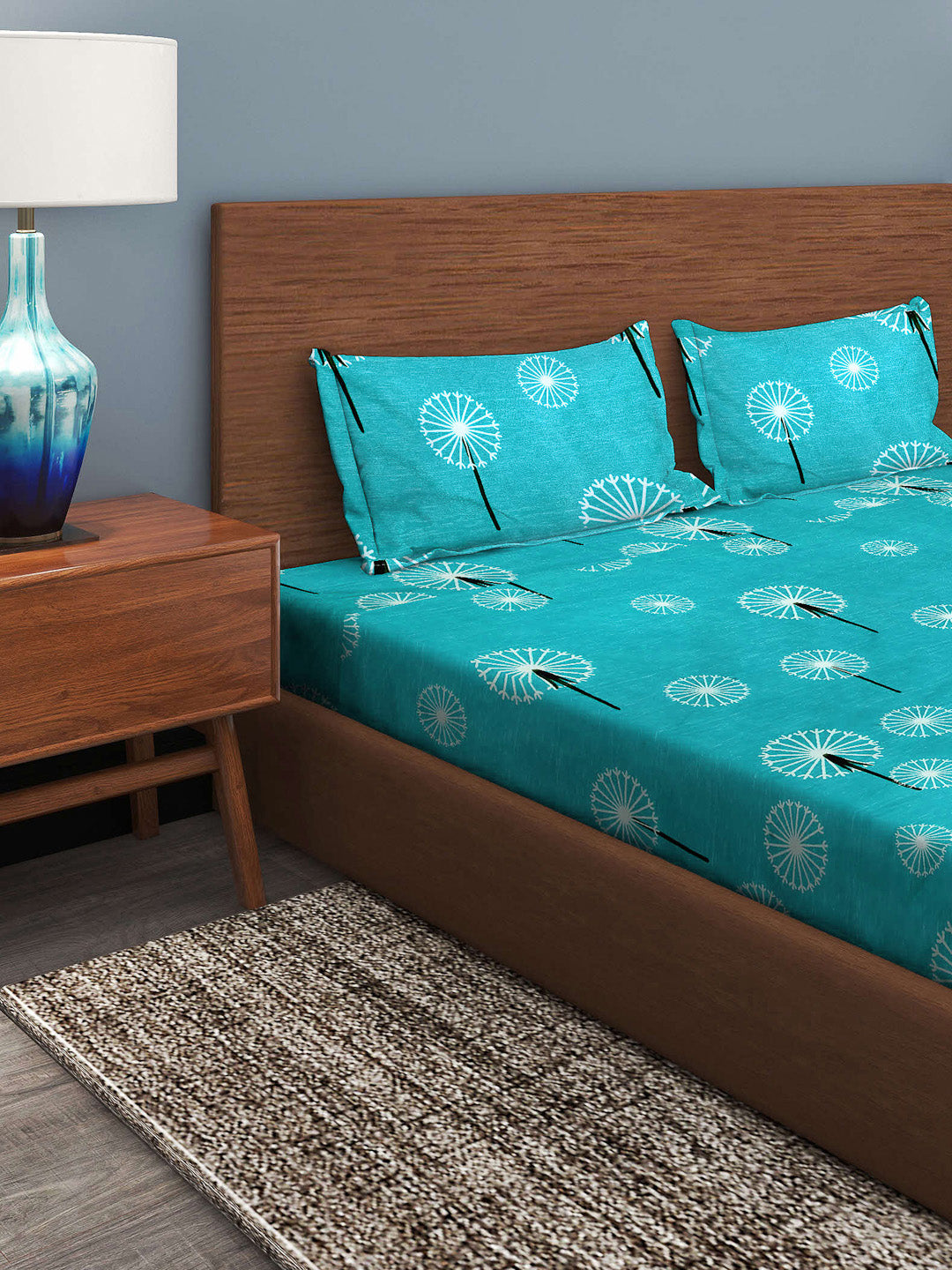 Klotthe Blue Floral 210 TC Cotton Blend Super King Elasticated Double BedSheet with 2 Pillow Cover (108X108 Inch)