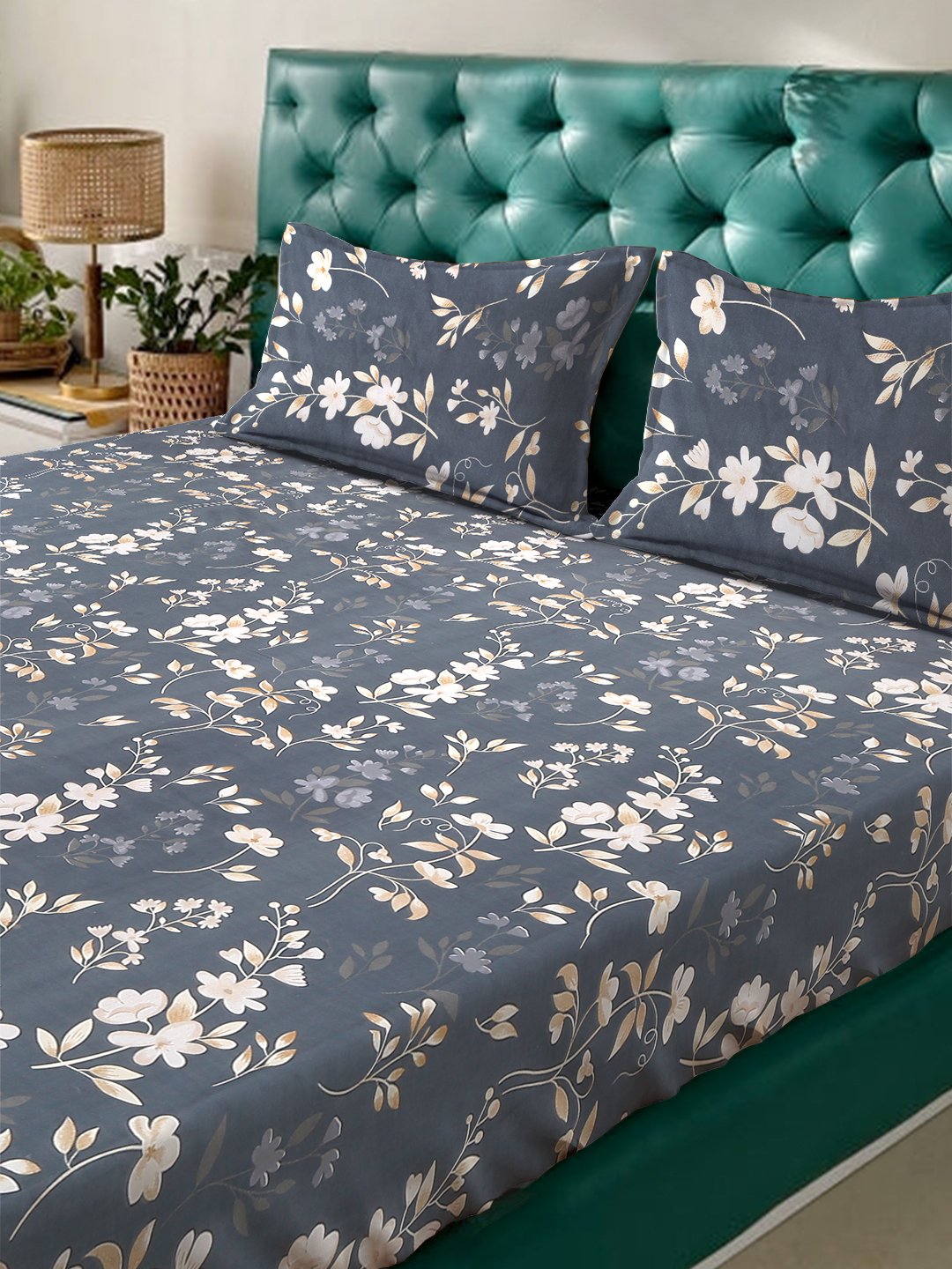 Grey Floral 300 TC Cotton Blend Fitted Double Bedsheet with 2 Pillow Covers