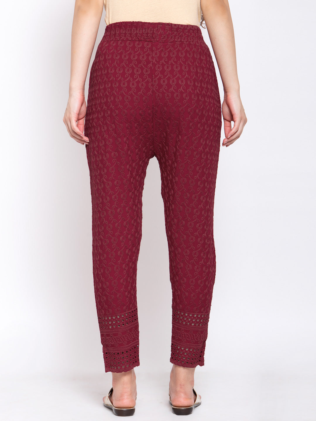 KLOTTHE Maroon Cotton Embroidered Trouser