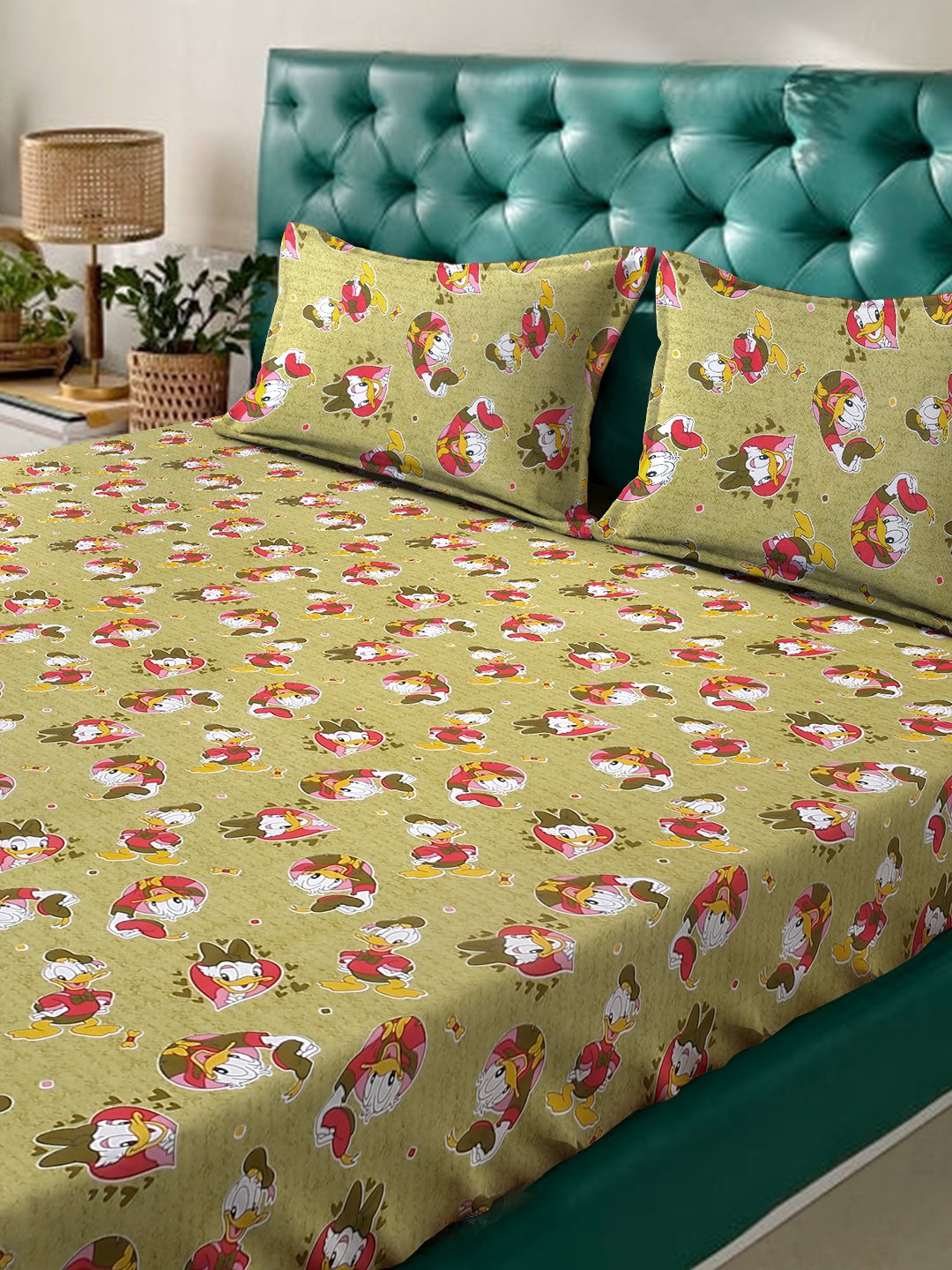 Green Cartoon Characters 400 TC Pure Cotton Fitted Double Bedsheet with 2 Pillow Covers