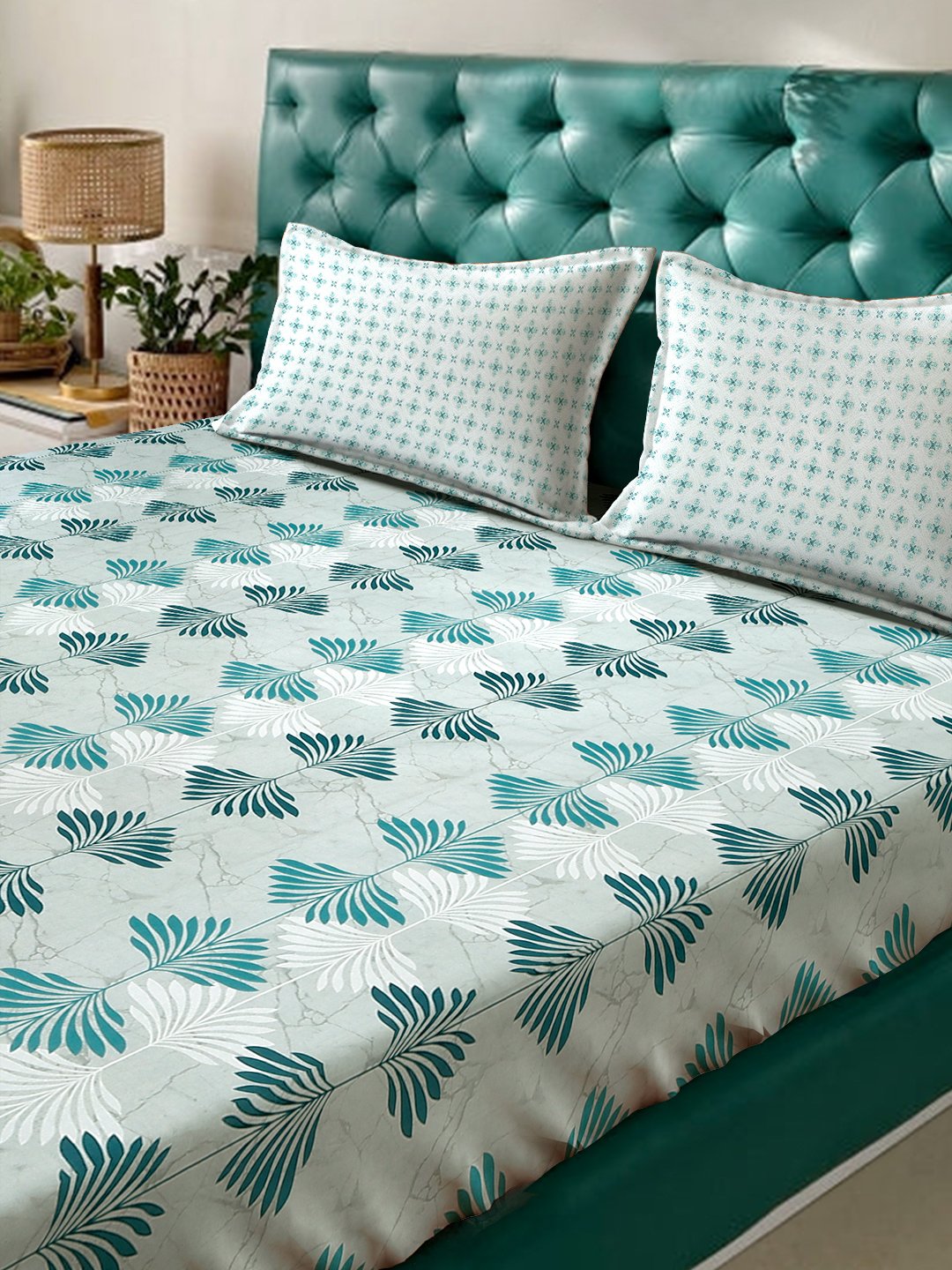 Green Floral 400 TC Pure Cotton Fitted Double Bedsheet with 2 Pillow Covers
