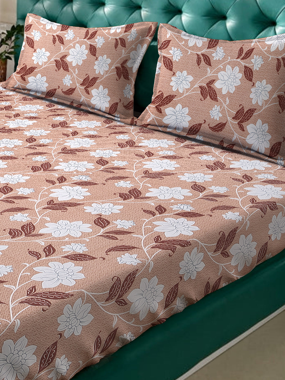 Klotthe Beige Floral 400 TC Pure Cotton Fitted Double Bedsheet with 2 Pillow Covers