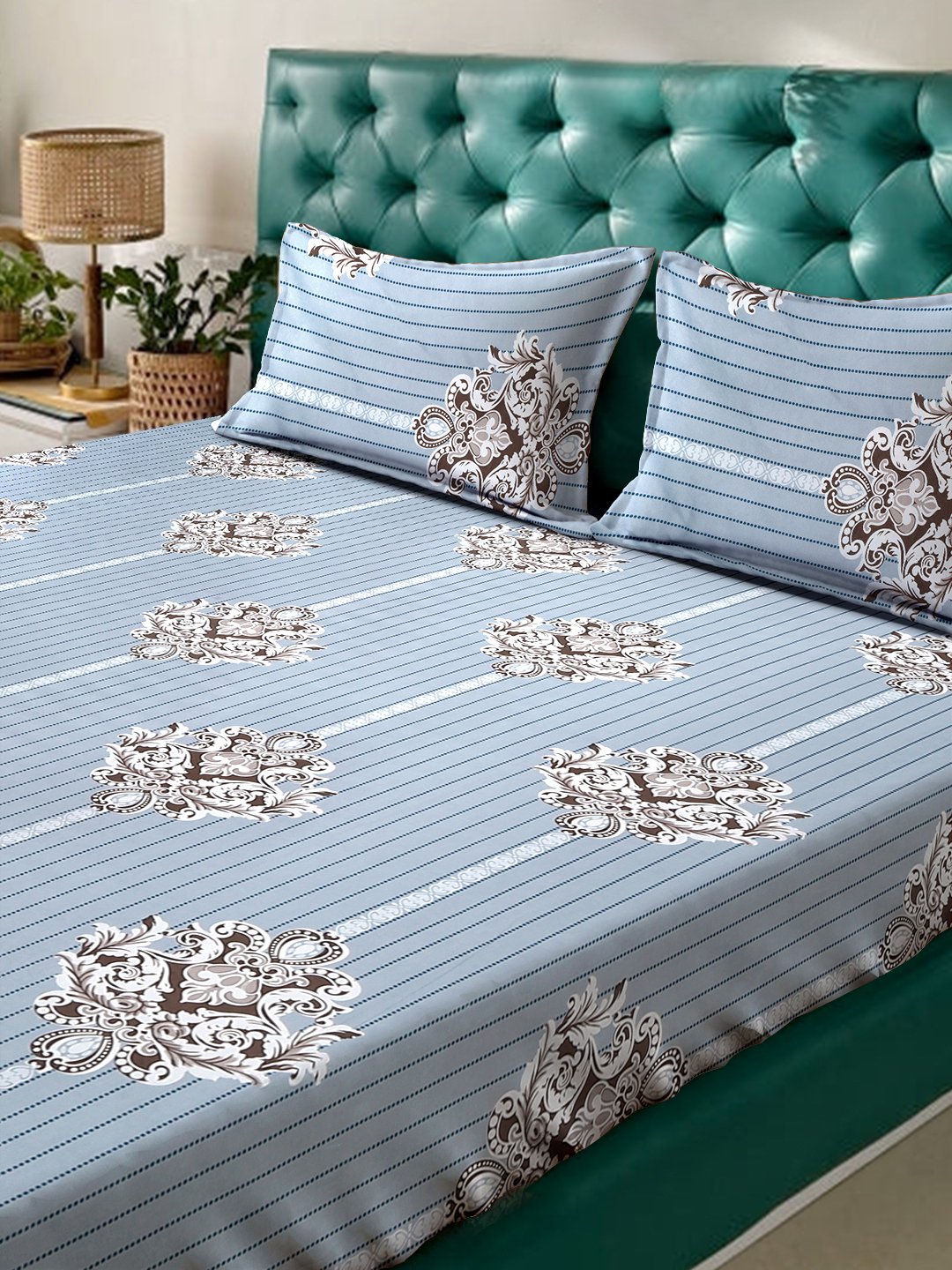 Grey Ethnic Motifs 300 TC Cotton Blend Fitted Double Bedsheet with 2 Pillow Covers
