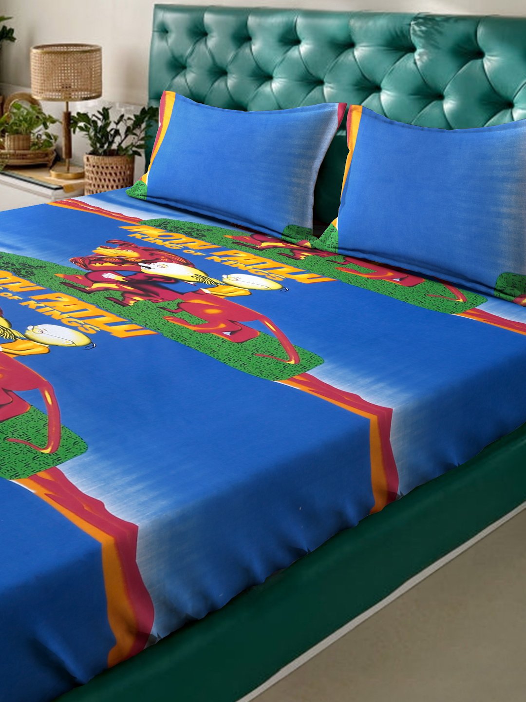 Blue Cartoon Characters 400 TC Pure Cotton Fitted Double Bedsheet with 2 Pillow Covers