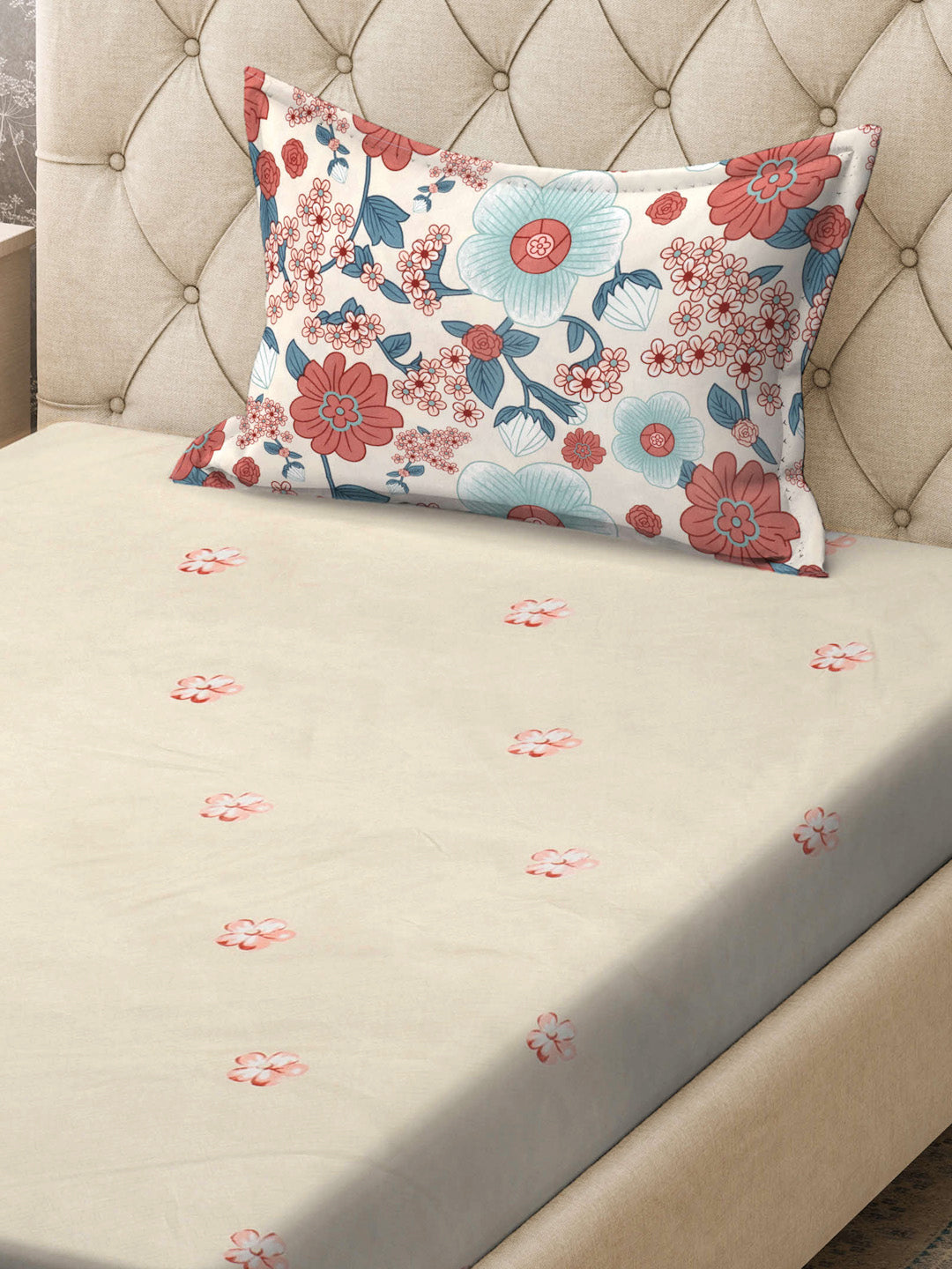 Klotthe Beige Floral 300 TC Cotton Blend Single Bedsheet with Pillow Cover