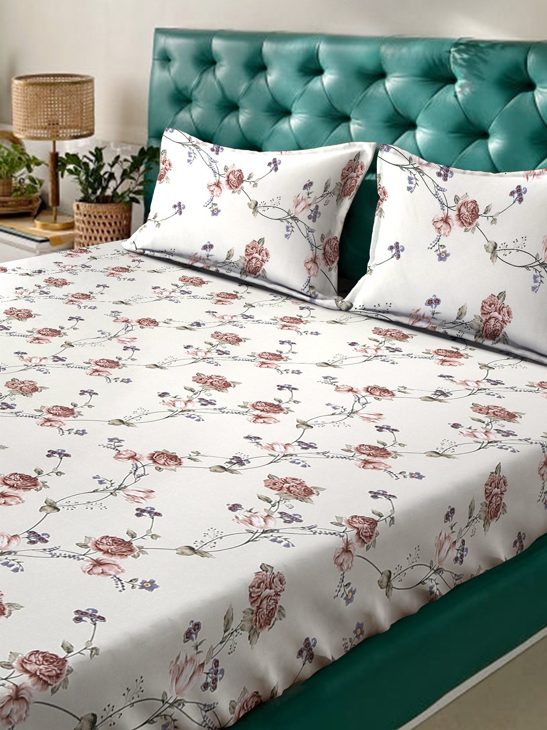 Beige Floral 300 TC Cotton Blend Fitted Double Bedsheet with 2 Pillow Covers