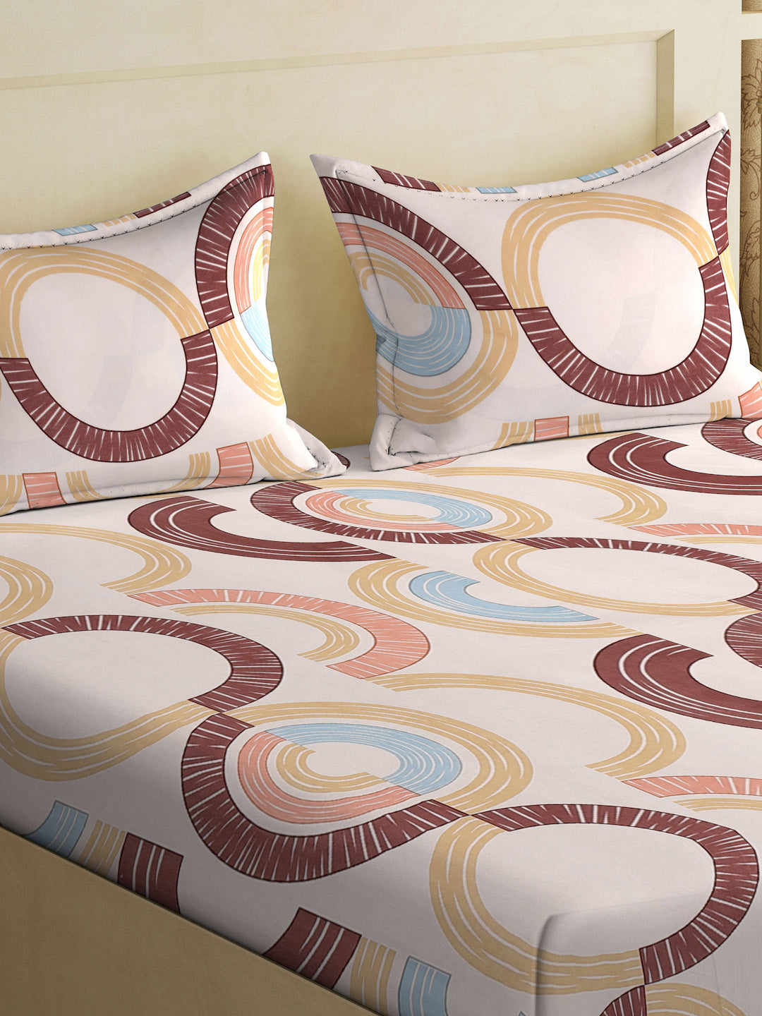 Klotthe Beige Geometric 300 TC Cotton Blend Fitted Double Bedsheet with 2 Pillow Covers