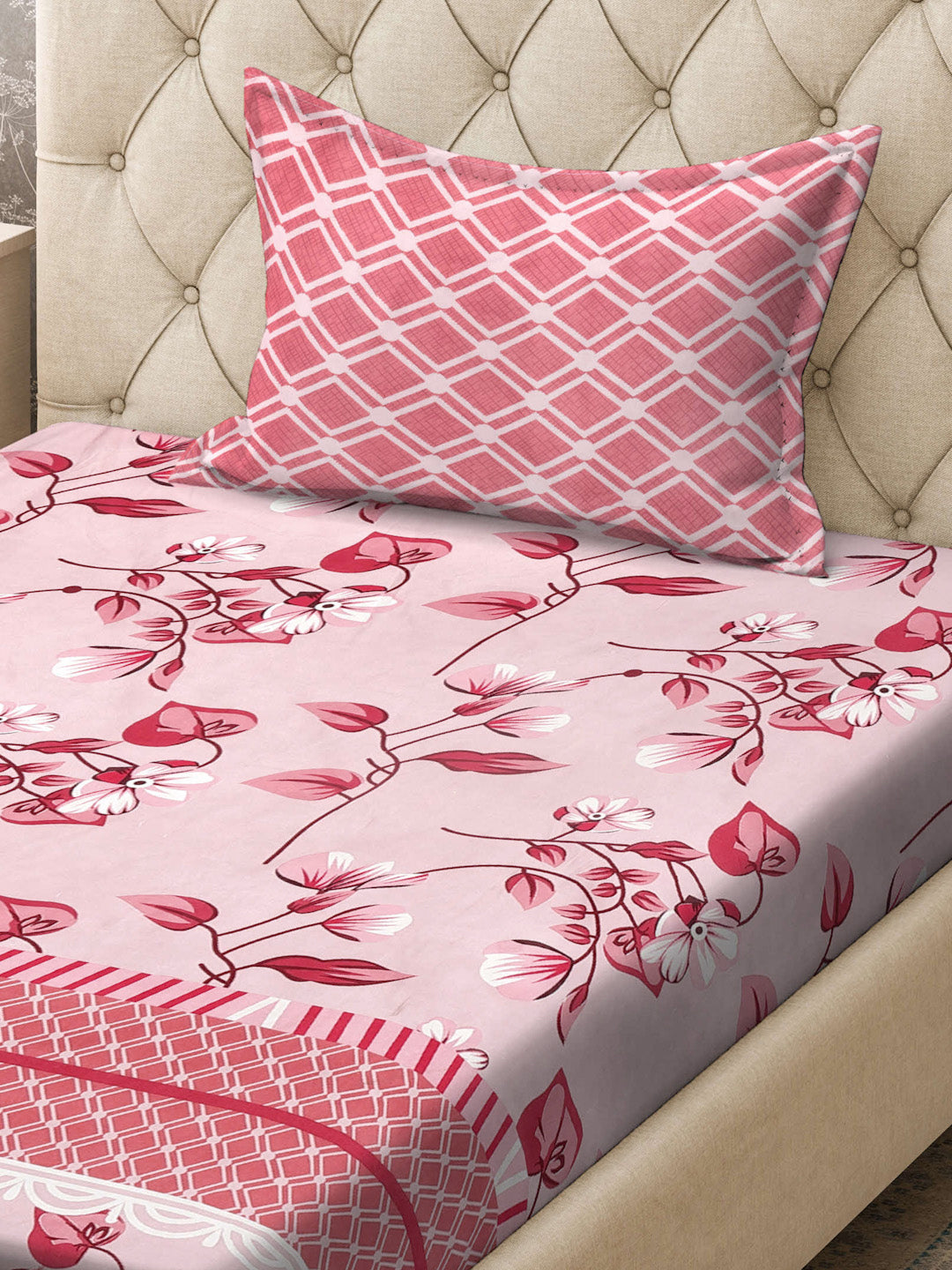 Klotthe Red Floral 300 TC Cotton Blend Fitted Single Bedsheet with Pillow Cover