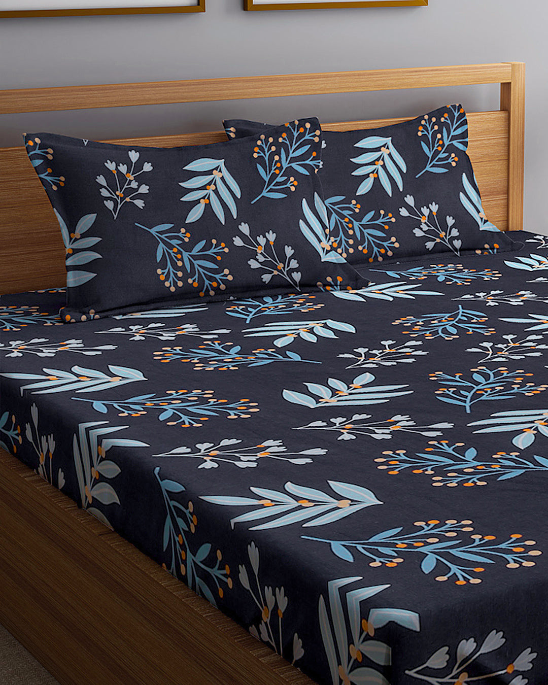 Klotthe Multicolor Floral 300 TC Cotton Blend Fitted Double Bedsheet with 2 Pillow covers