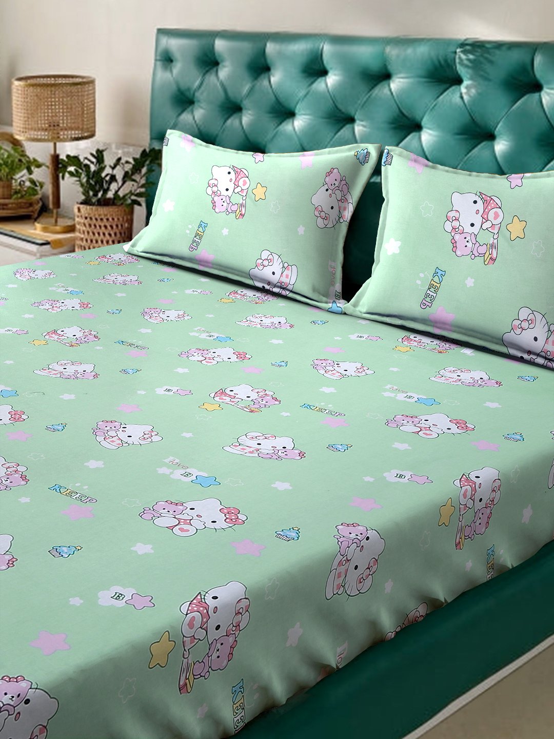Green Cartoon Characters 400 TC Fitted Pure Cotton Double Bedsheet with 2 Pillow Covers
