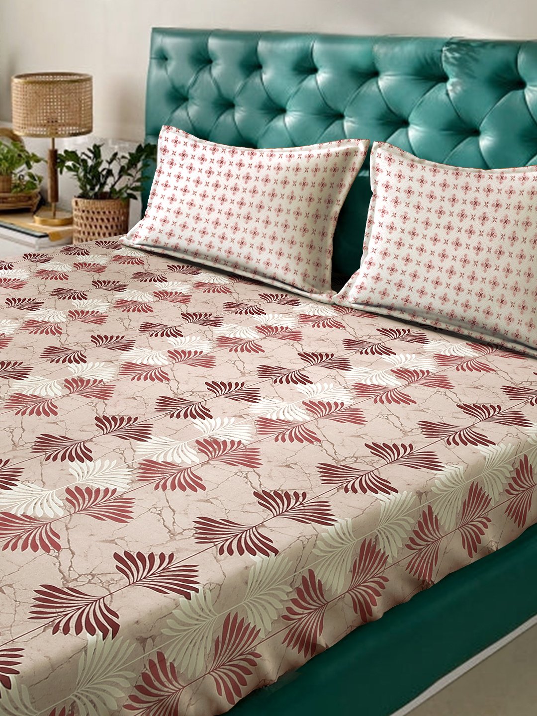 Beige Floral 400 TC Pure Cotton Fitted Double Bedsheet with 2 Pillow Covers