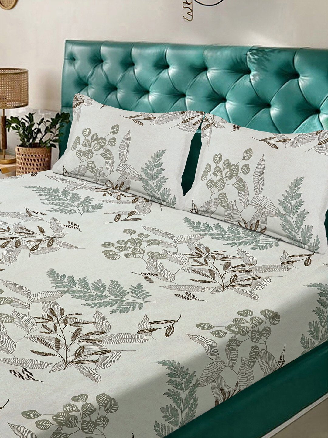 Cream Floral 300 TC Cotton Blend Fitted Double Bedsheet with 2 Pillow Covers