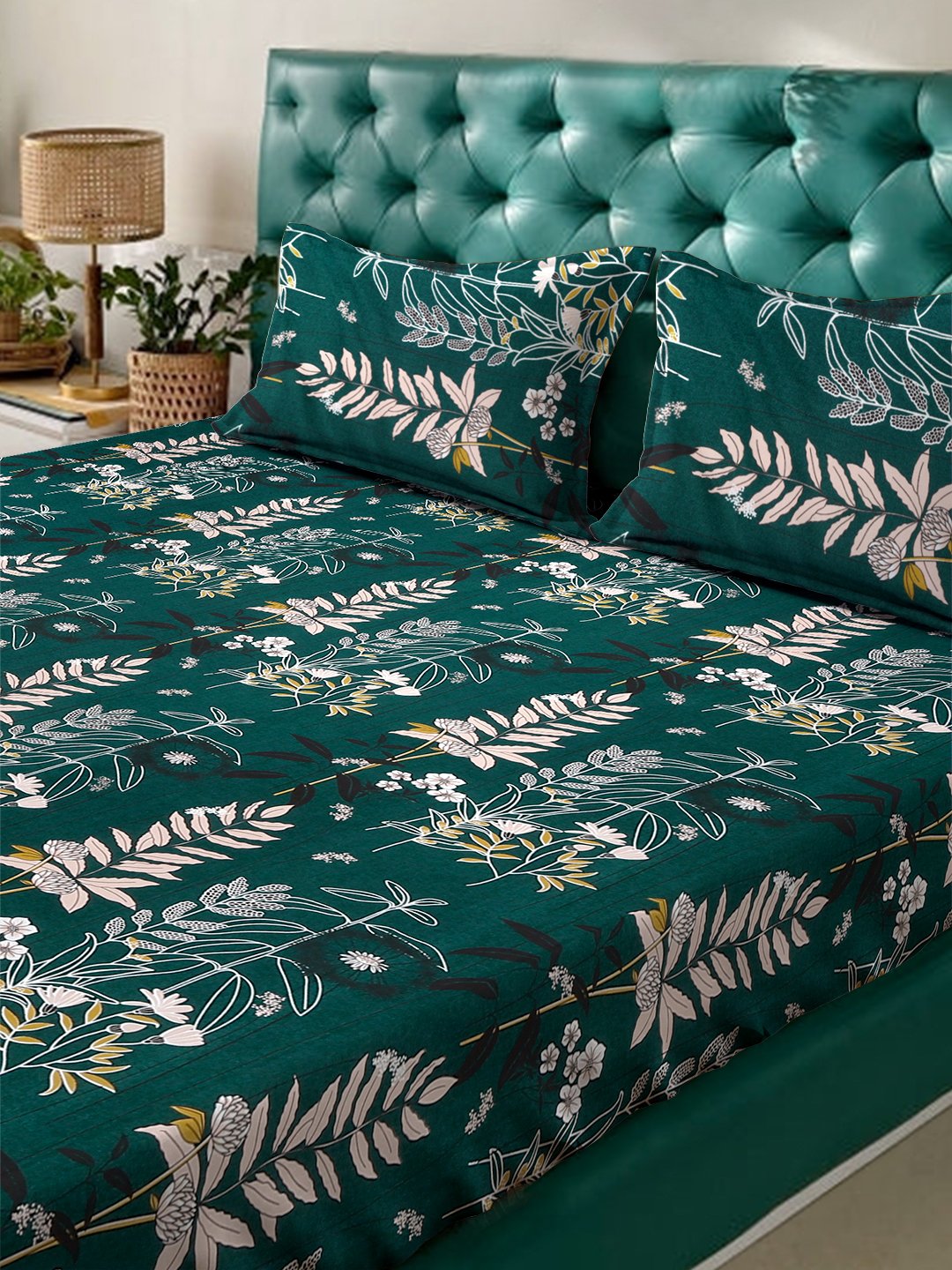 Green Floral 300 TC Cotton Blend Fitted Double Bedsheet with 2 Pillow Covers