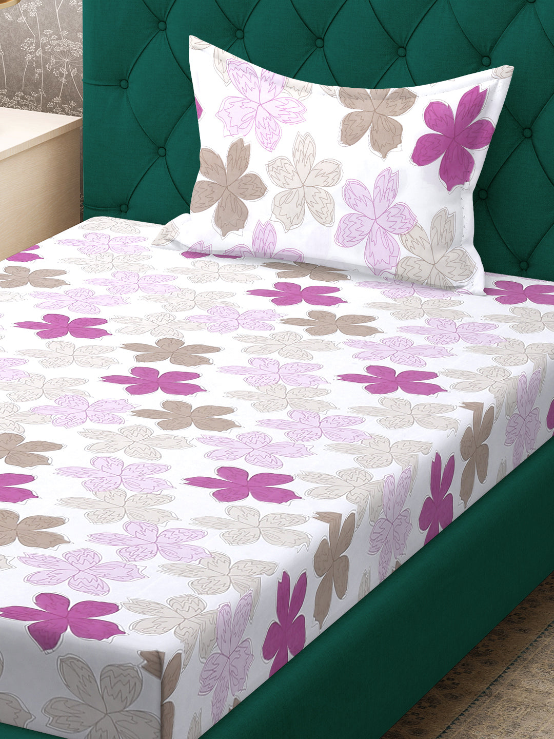 Klotthe White Floral 300 TC Cotton Blend Single Bedsheet with Pillow Cover