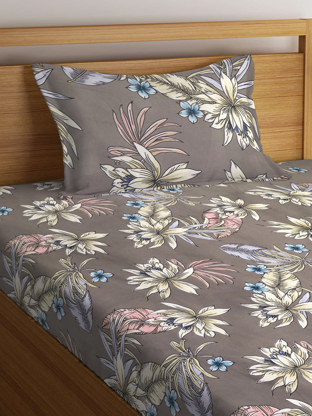 KLOTTHE Brown Polycotton Floral Single Bedsheet with 1 Pillow Cover (215X150 cm)