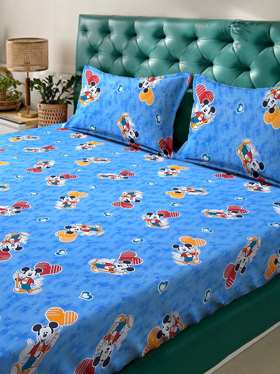 Blue Cartoon Characters 400 TC Pure Cotton Fitted Double Bedsheet with 2 Pillow Covers