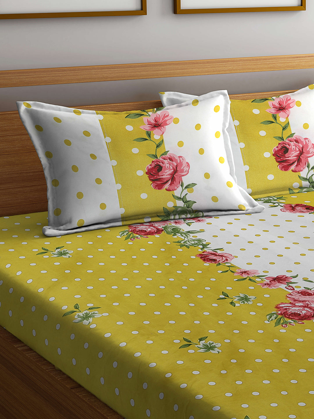 Klotthe Multicolor Floral 300 TC Cotton Blend Fitted Double Bedsheet with 2 Pillow Covers