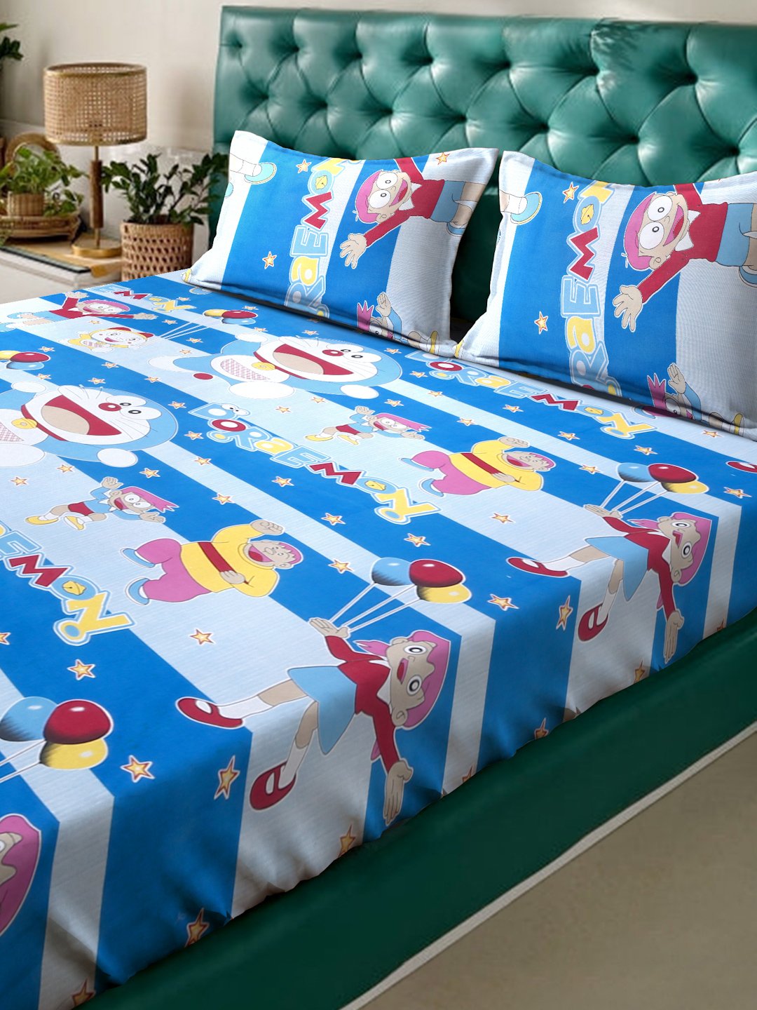 Blue Cartoon Characters 400 TC Pure Cotton Fitted Double Bedsheet with 2 Pillow Covers