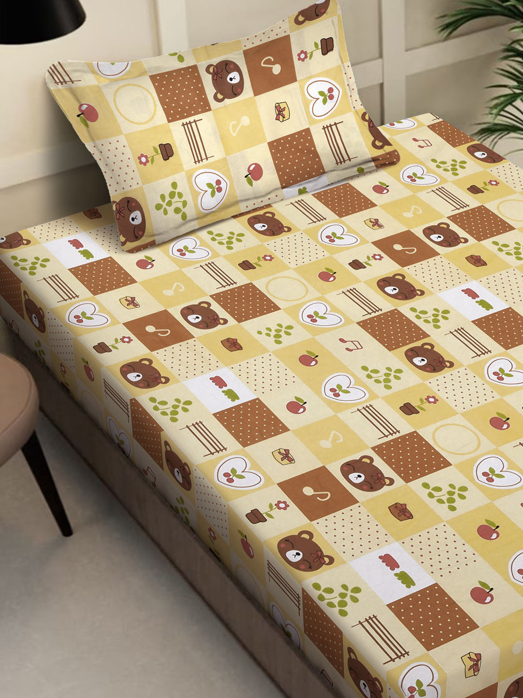 Klotthe Yellow Cartoon Characters 400 TC Pure Cotton Single Bedsheet with Pillow Cover