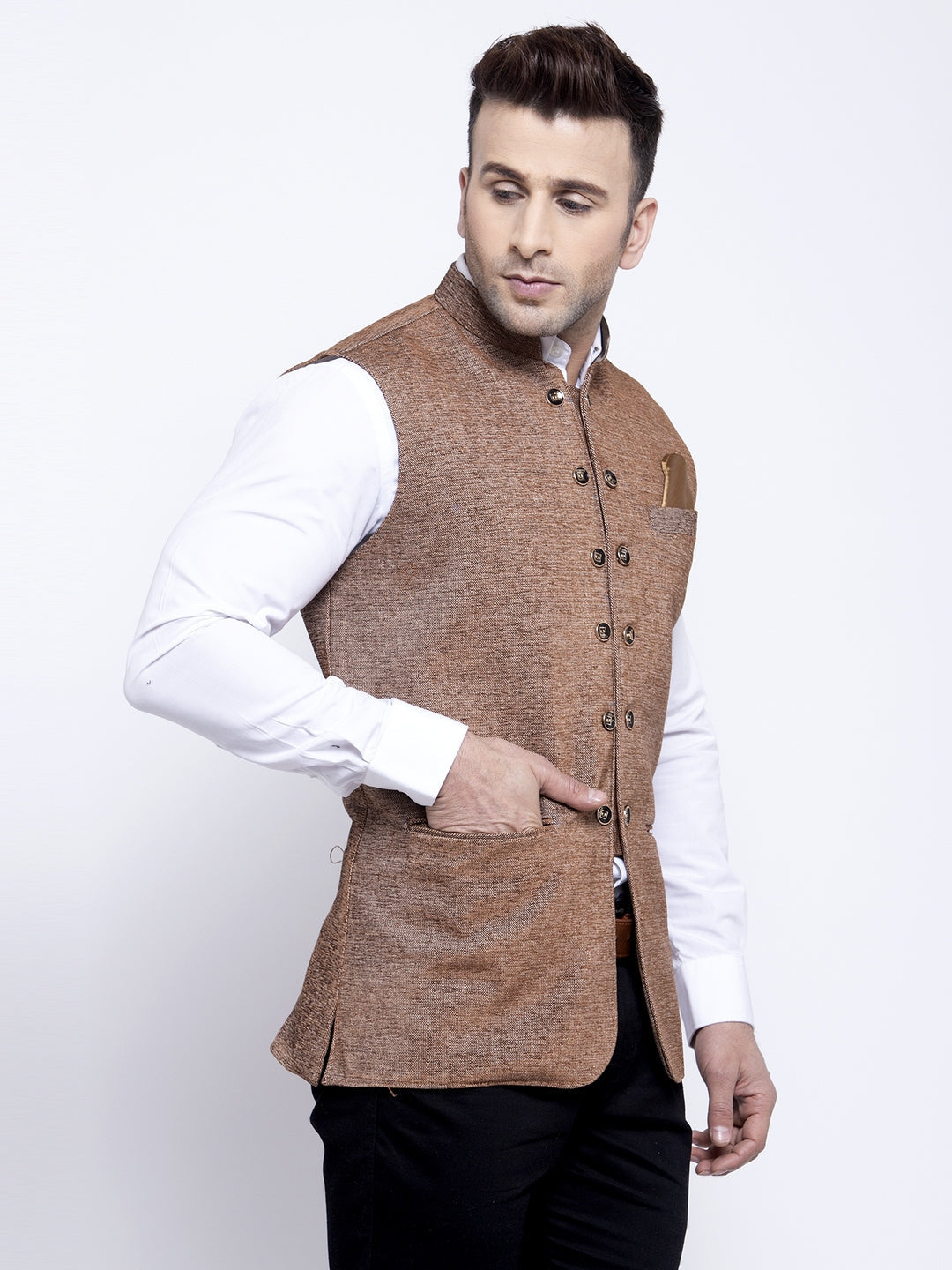 KLOTTHE Brown Cotton Blend Woven Design Nehru Jacket