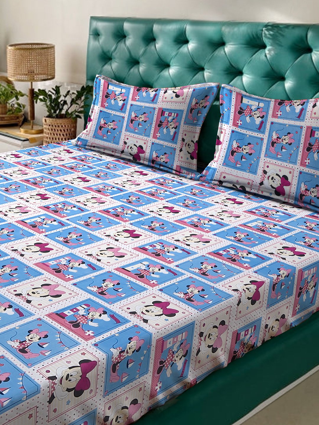 Blue Cartoon Characters 400 TC Pure Cotton Fitted Double Bedsheet with 2 Pillow Covers