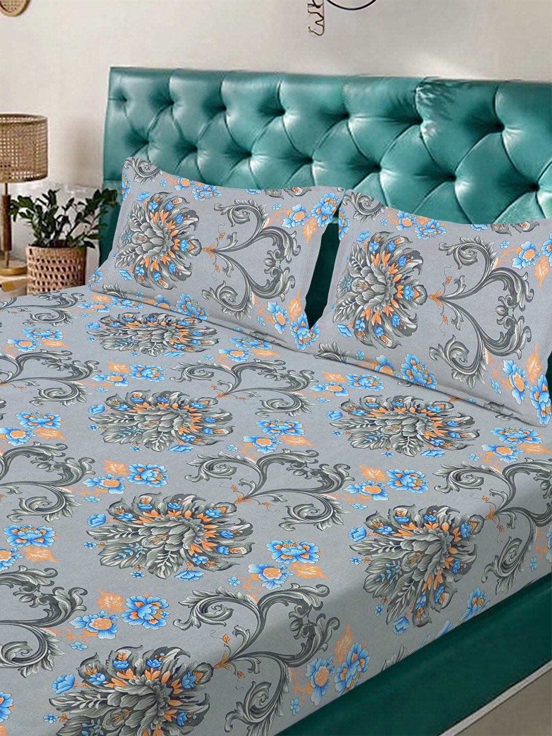 Grey Floral 300 TC Cotton Blend Fitted Double Bedsheet with 2 Pillow Covers