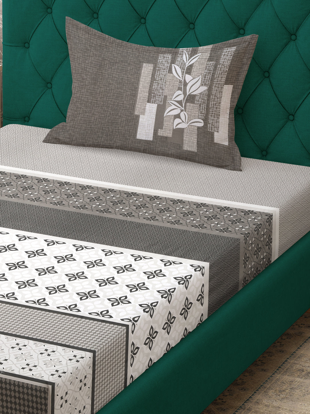 Klotthe Black Geometric 400 TC Pure Cotton Fitted Single Bedsheet with Pillow Cover