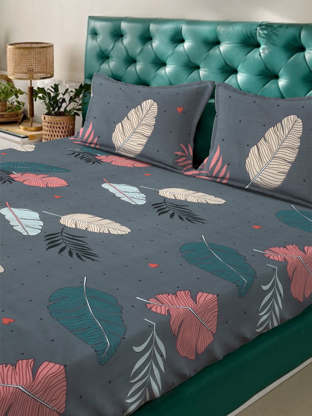 Grey Floral 300 TC Cotton Blend Fitted Double Bedsheet with 2 Pillow Covers