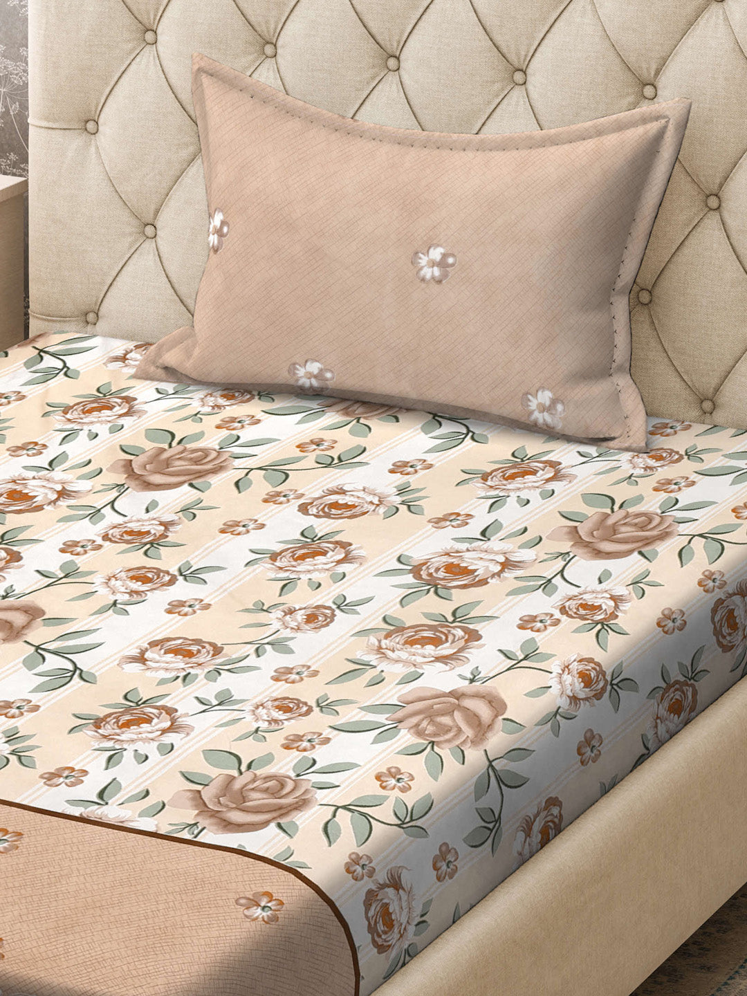 Klotthe Brown Floral 300 TC Cotton Blend Fitted Single Bedsheet with Pillow Cover