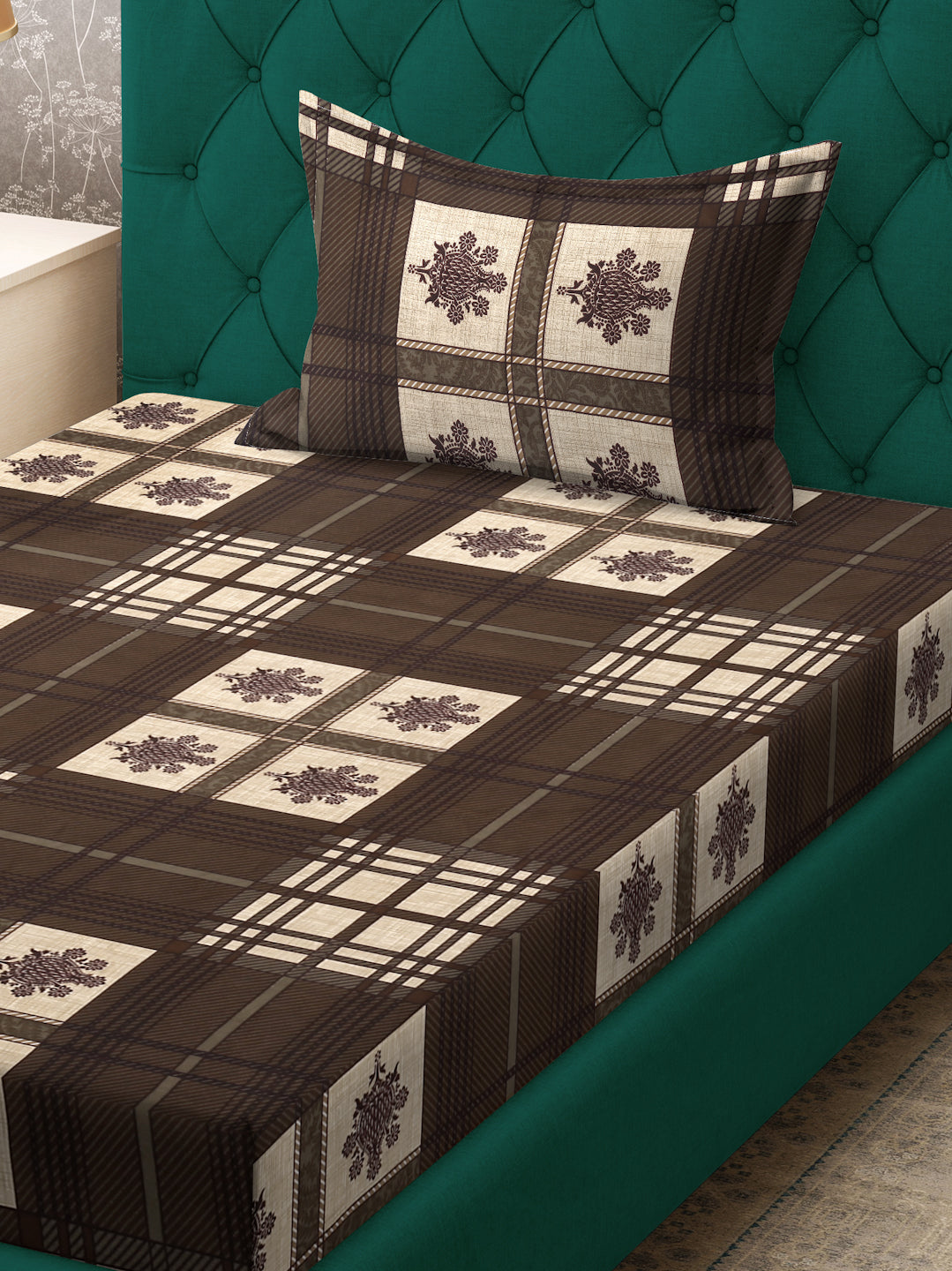 Klotthe Brown Geometric 300 TC Cotton Blend Single Bedsheet with Pillow Cover