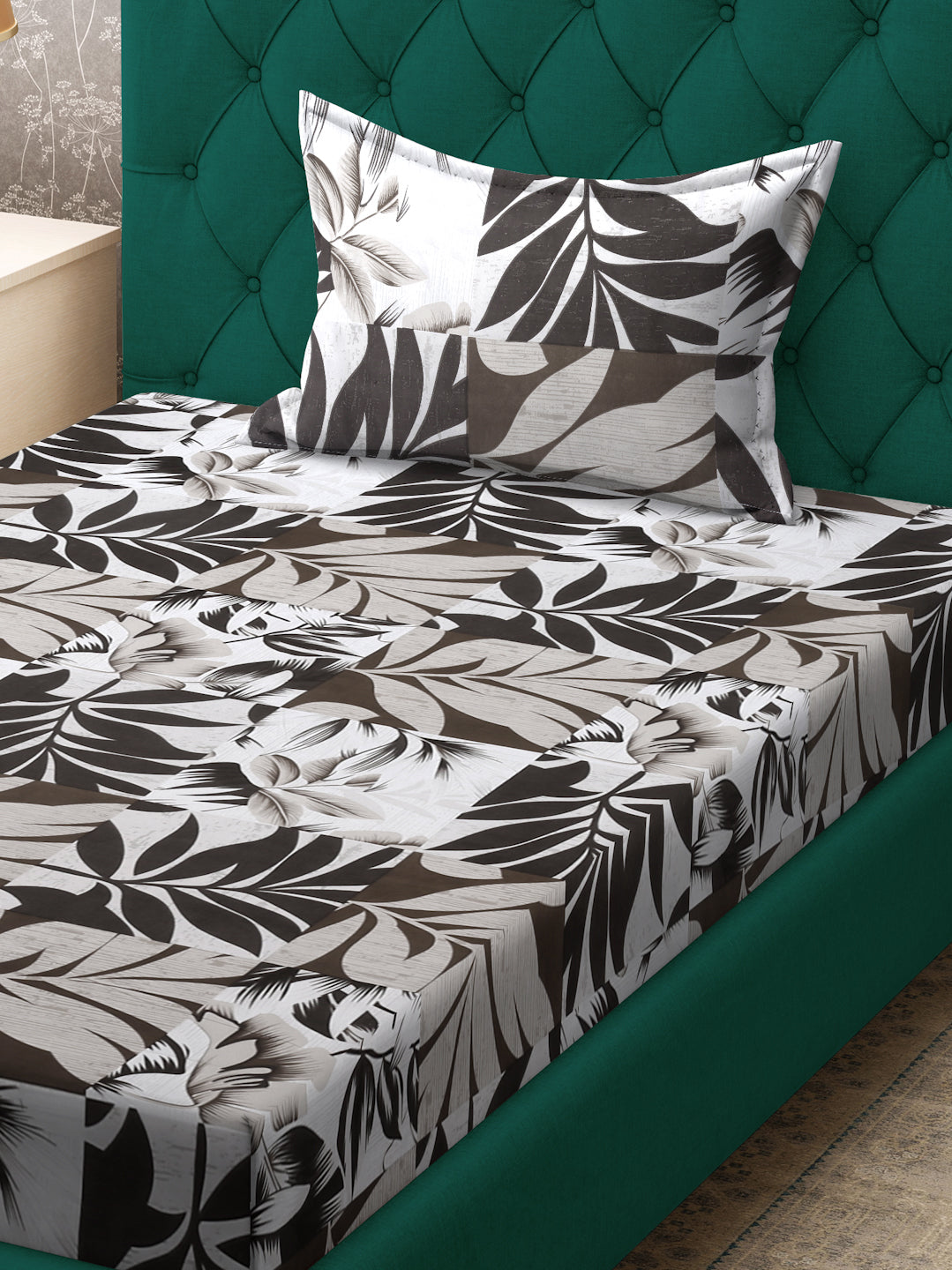 Klotthe Brown Floral 300 TC Cotton Blend Fitted Single Bedsheet with Pillow Cover