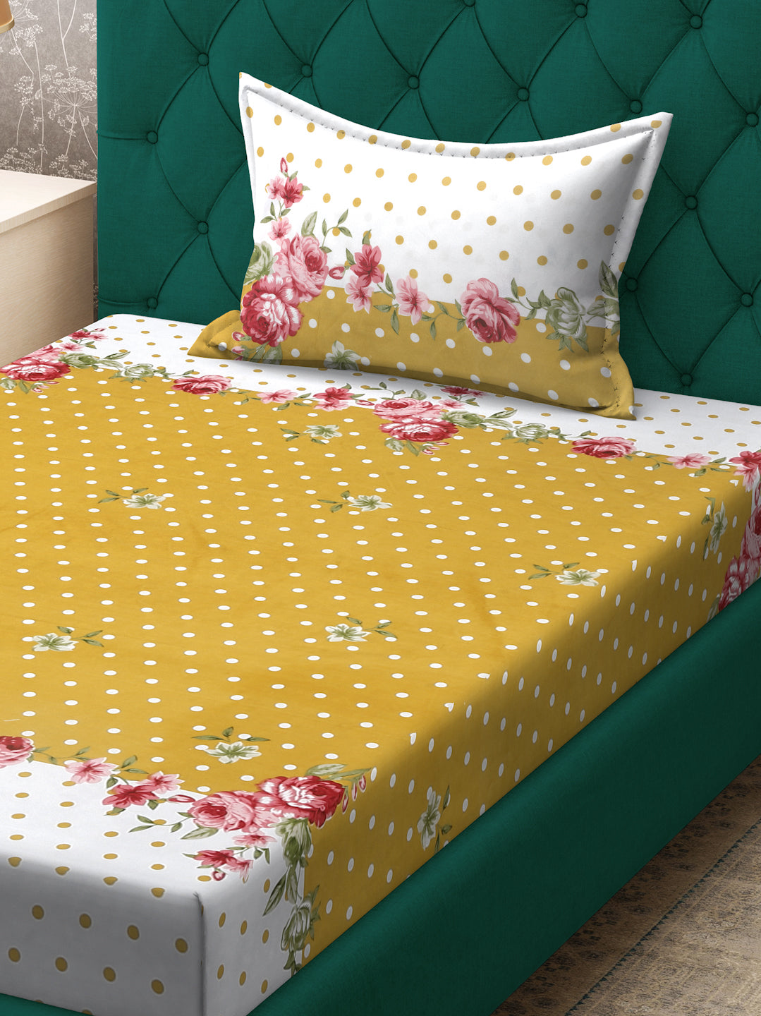 Klotthe Yellow Floral 300 TC Cotton Blend Fitted Single Bedsheet Set in Book Fold Packing