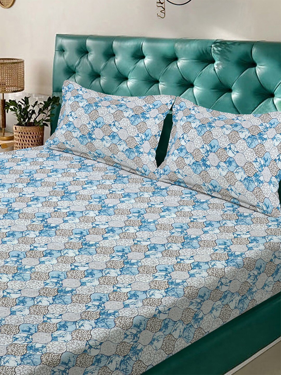 Blue Floral 300 TC Cotton Blend Fitted Double Bedsheet with 2 Pillow Covers