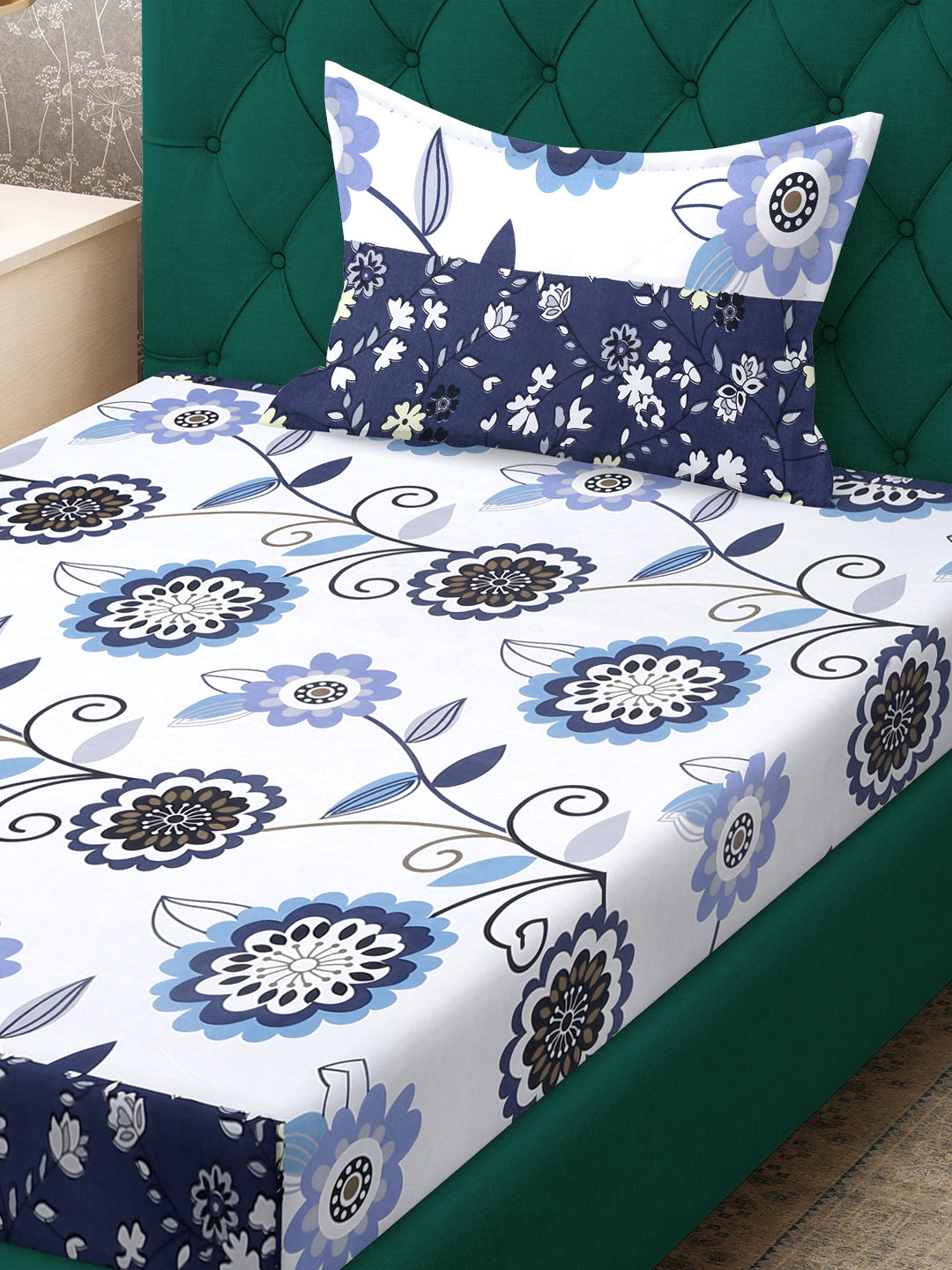 Klotthe White Floral 300 TC Cotton Blend Fitted Single Bedsheet Set in Book Fold Packing