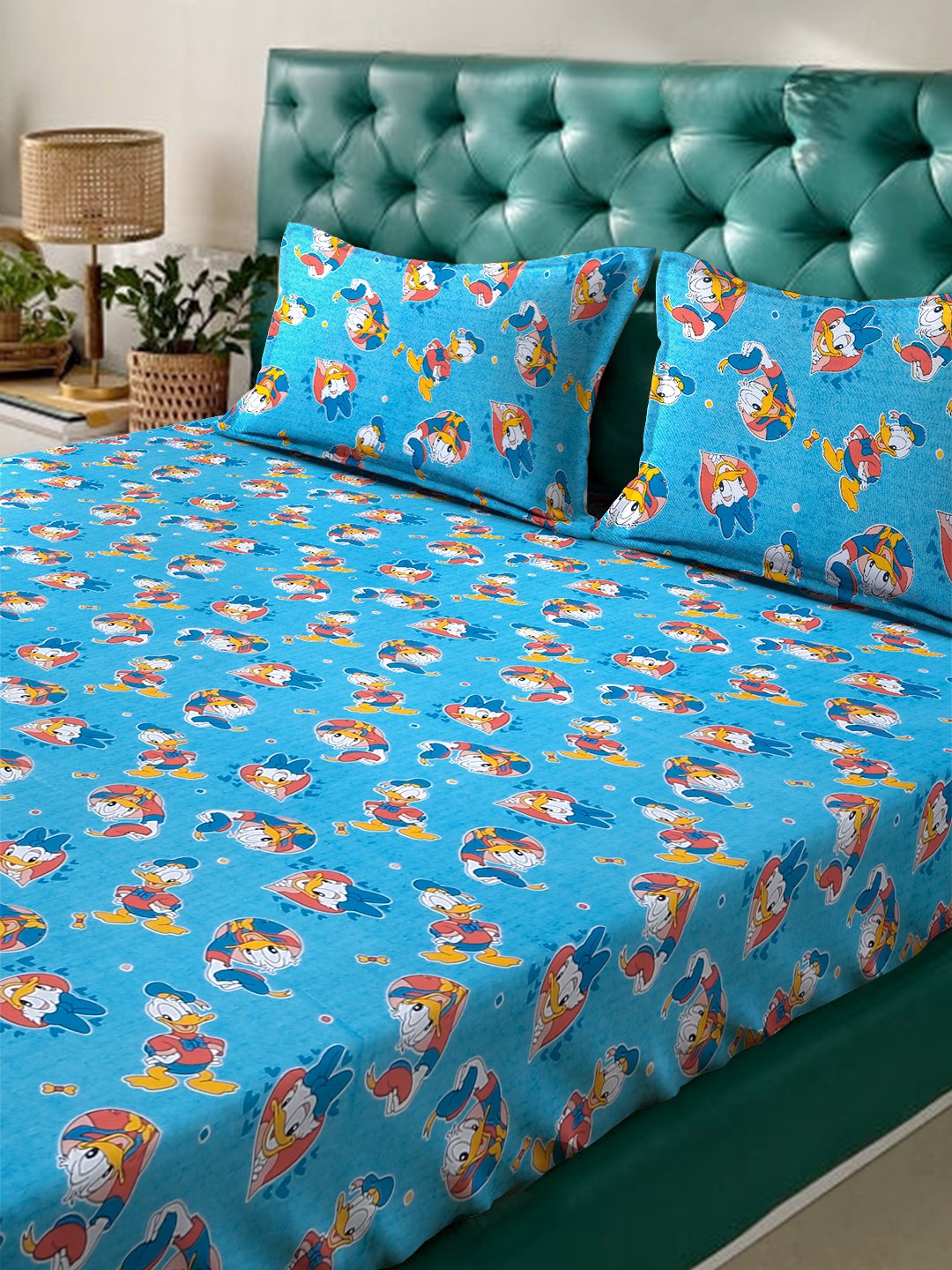 Blue Cartoon Characters 400 TC Pure Cotton Fitted Double Bedsheet with 2 Pillow Covers