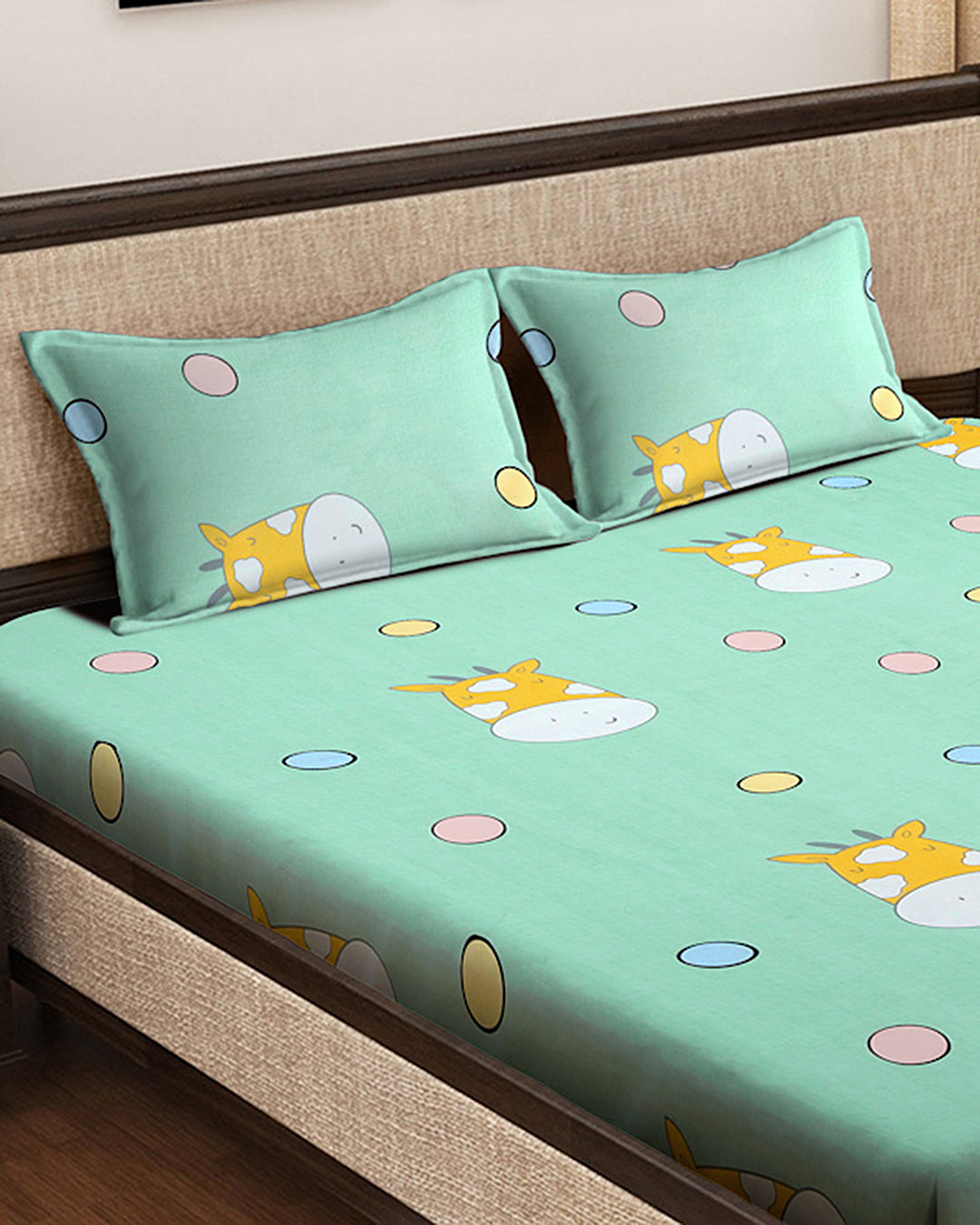 Klotthe Multicolor Cartoon Characters 300 TC Cotton Blend Fitted Double Bedsheet with 2 Pillow covers