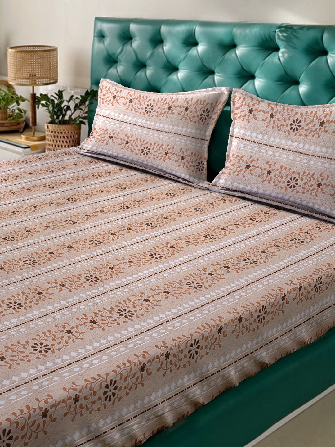 Beige Floral 400 TC Pure Cotton Fitted Double Bedsheet with 2 Pillow Covers