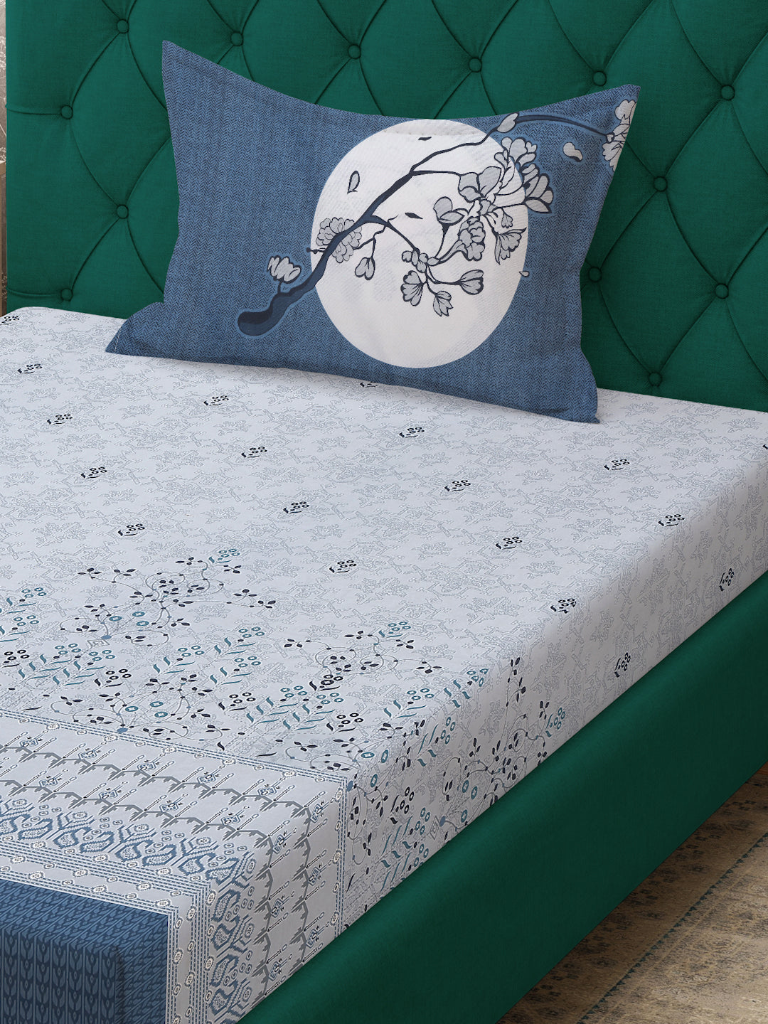 Klotthe Blue Floral 400 TC Pure Cotton Single Bedsheet with Pillow Cover