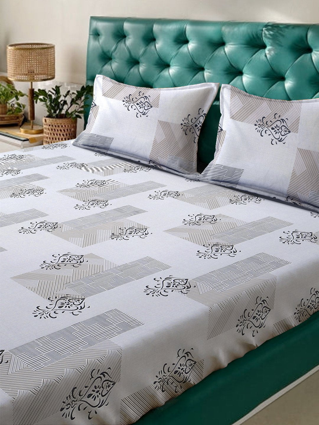 Grey Ethnic Motifs 300 TC Cotton Blend Fitted Double Bedsheet with 2 Pillow Covers