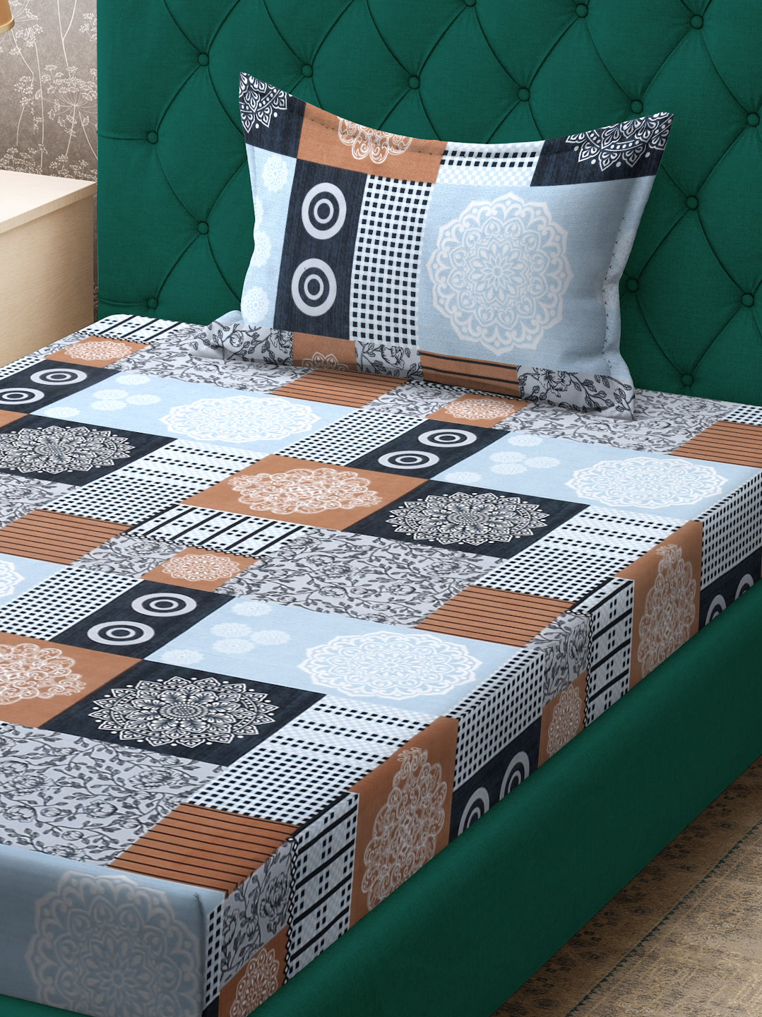 Klotthe SkyBlue Geometric 300 TC Cotton Blend Fitted Single Bedsheet Set in Book Fold Packing