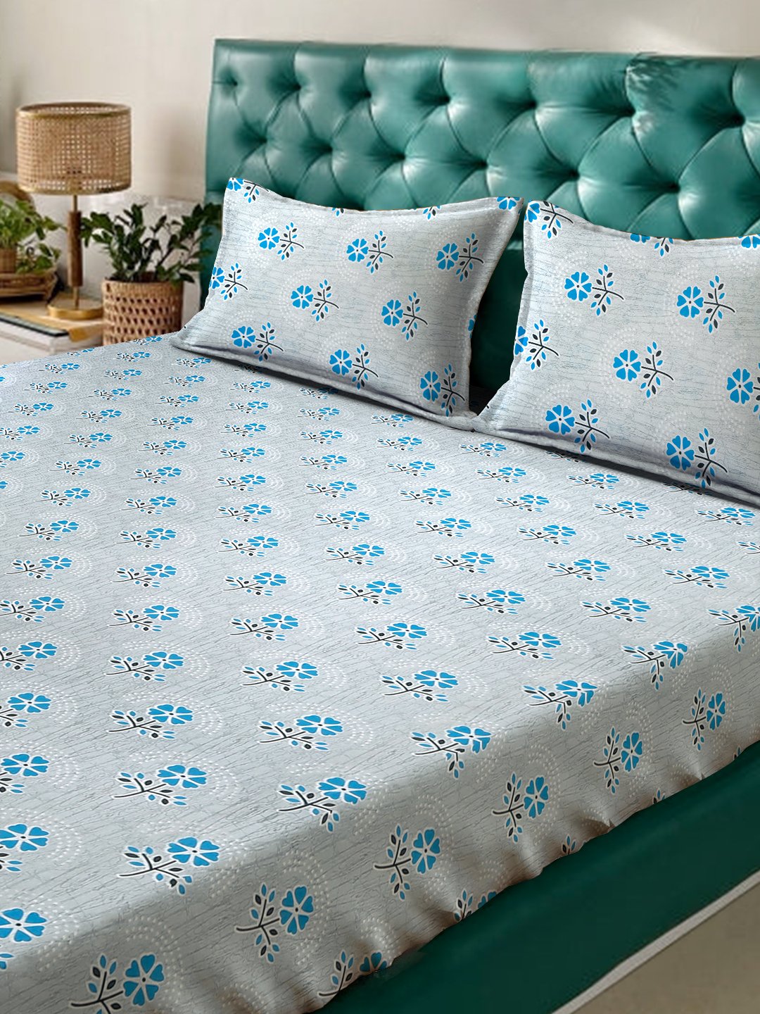Blue Floral 400 TC Pure Cotton Fitted Double Bedsheet with 2 Pillow Covers