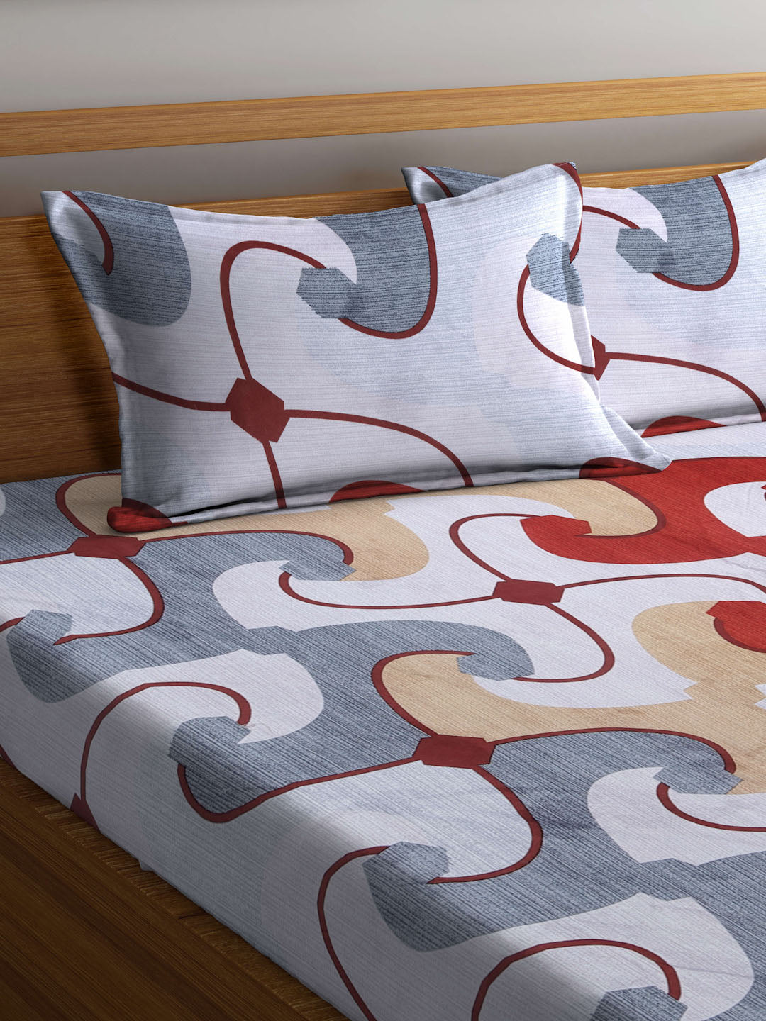 Klotthe Multi Abstract 300 TC Cotton Blend Elasticated Double Bedsheet with 2 Pillow Covers