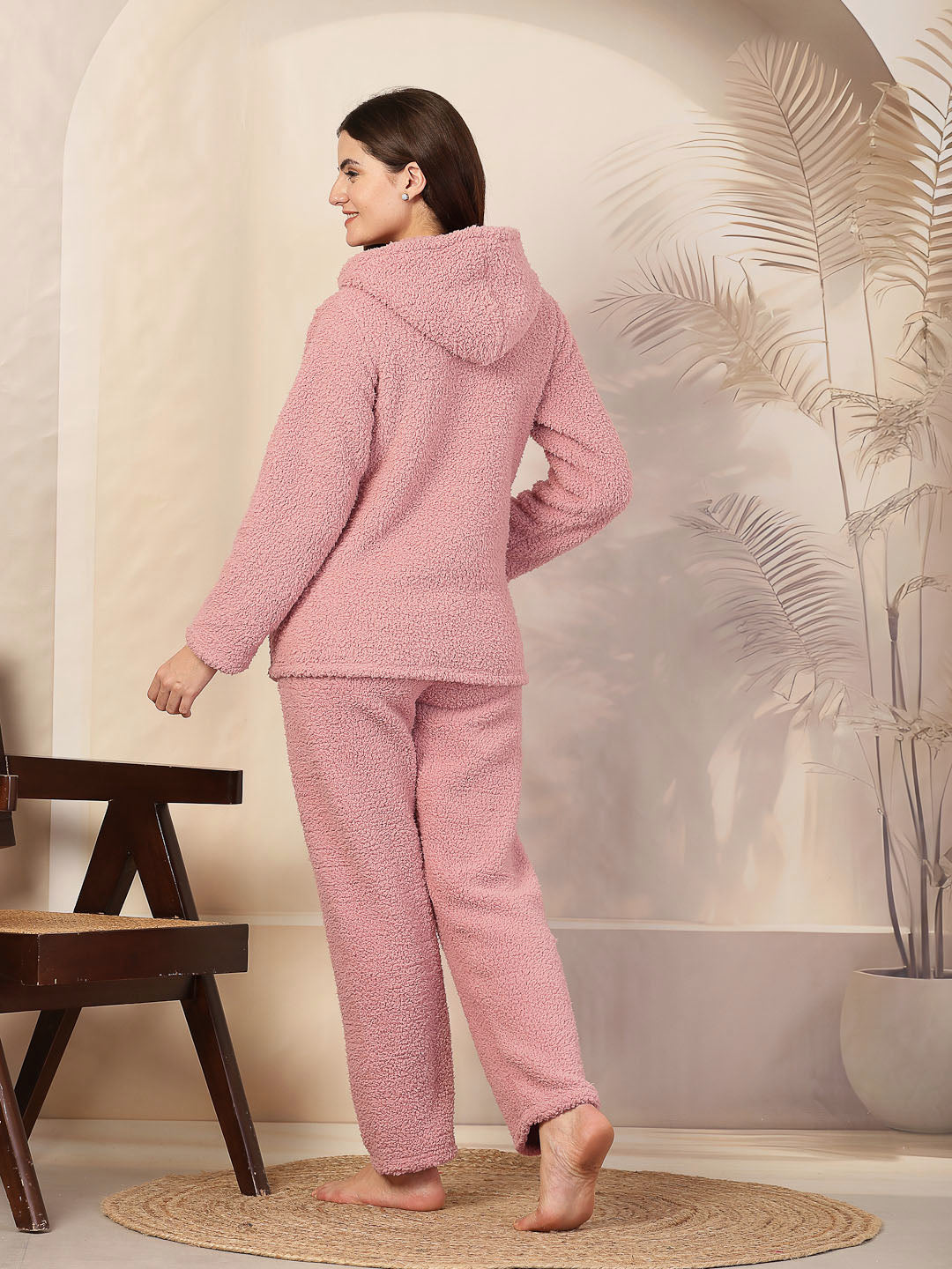 Klotthe Women Rust Solid Sherpa Heavy Winter Hooded Woolen Night Suit