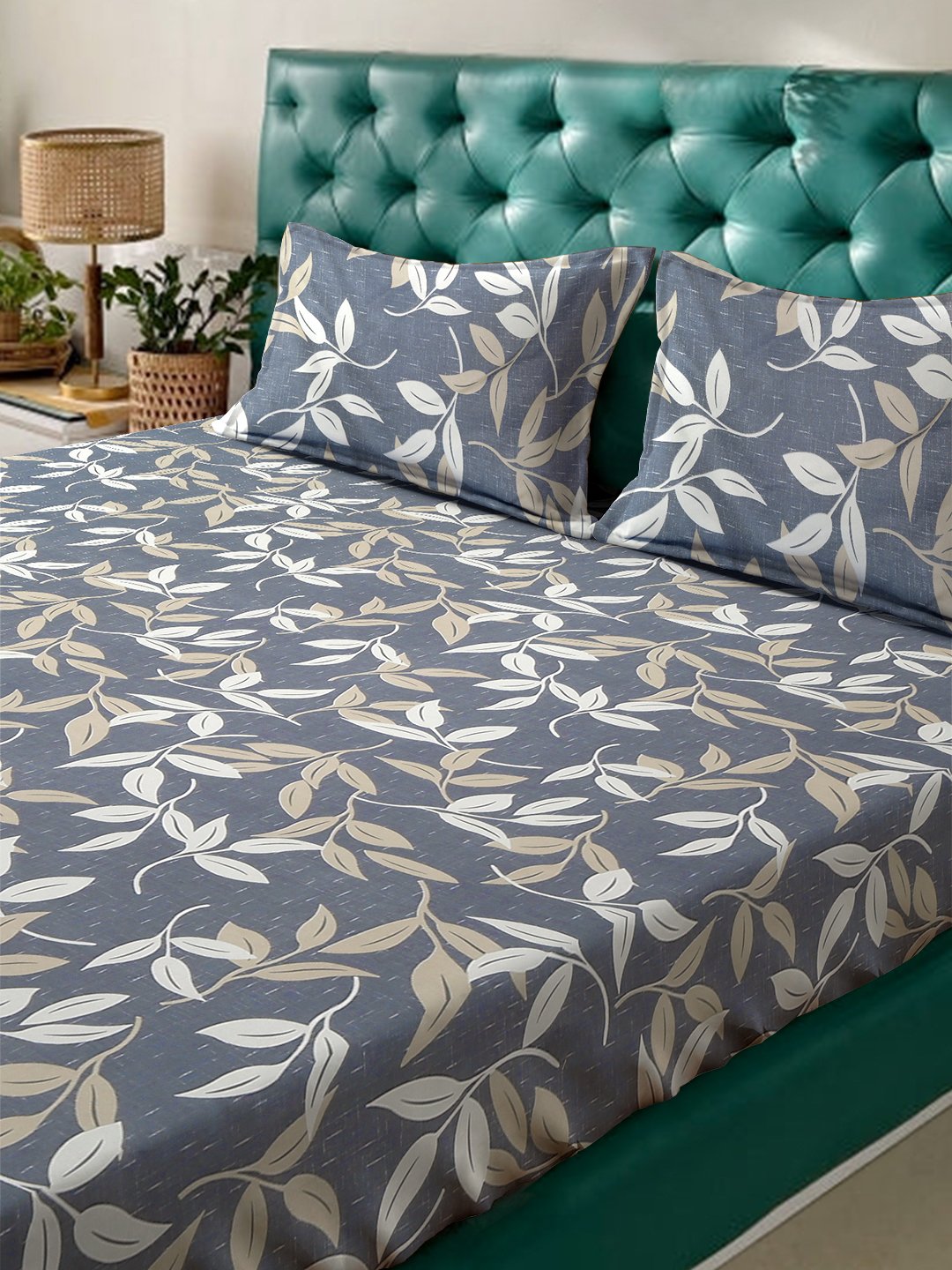 Grey Floral 300 TC Cotton Blend Fitted Double Bedsheet with 2 Pillow Covers