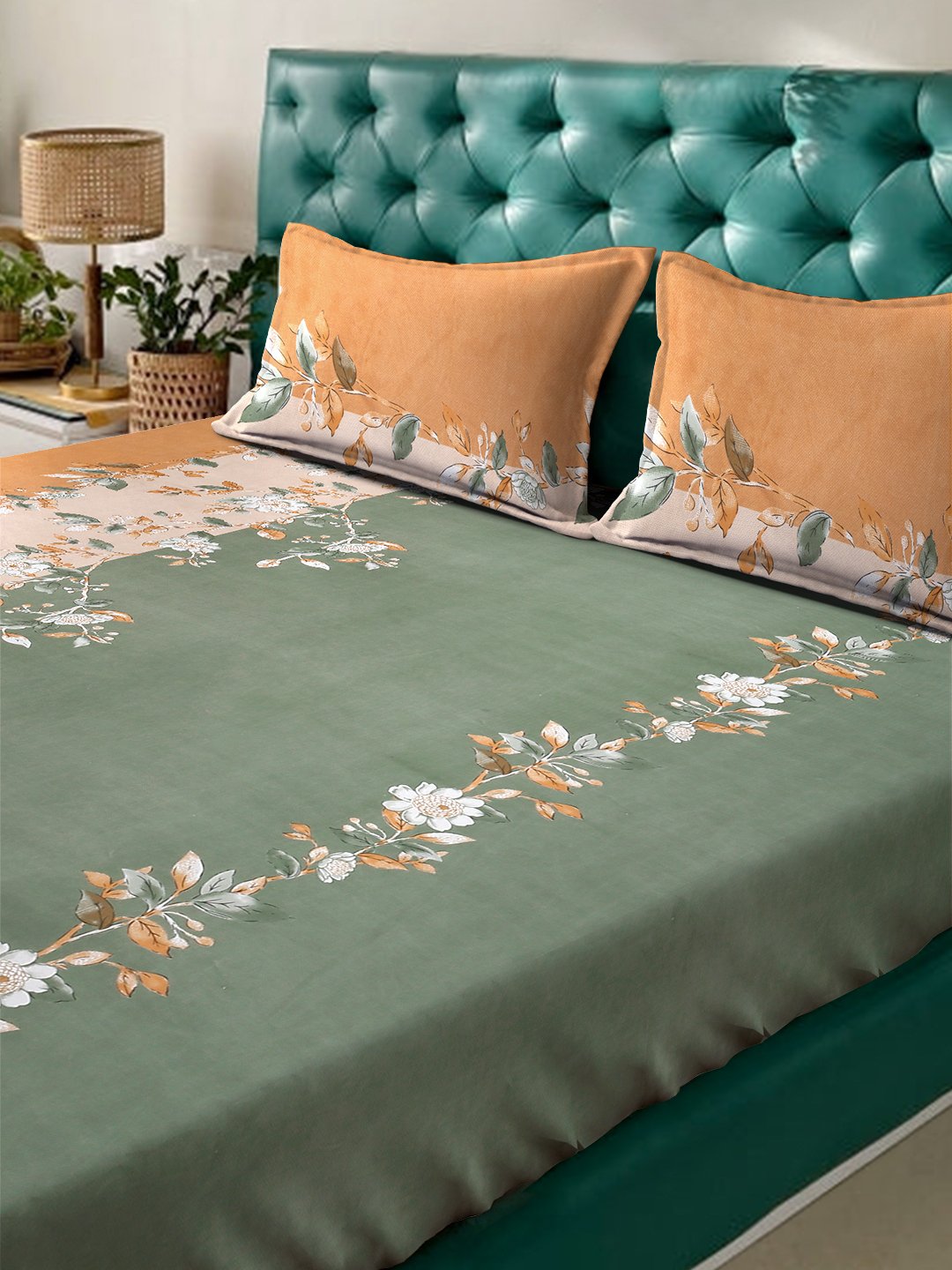 Green Floral 300 TC Cotton Blend Fitted Double Bedsheet with 2 Pillow Covers