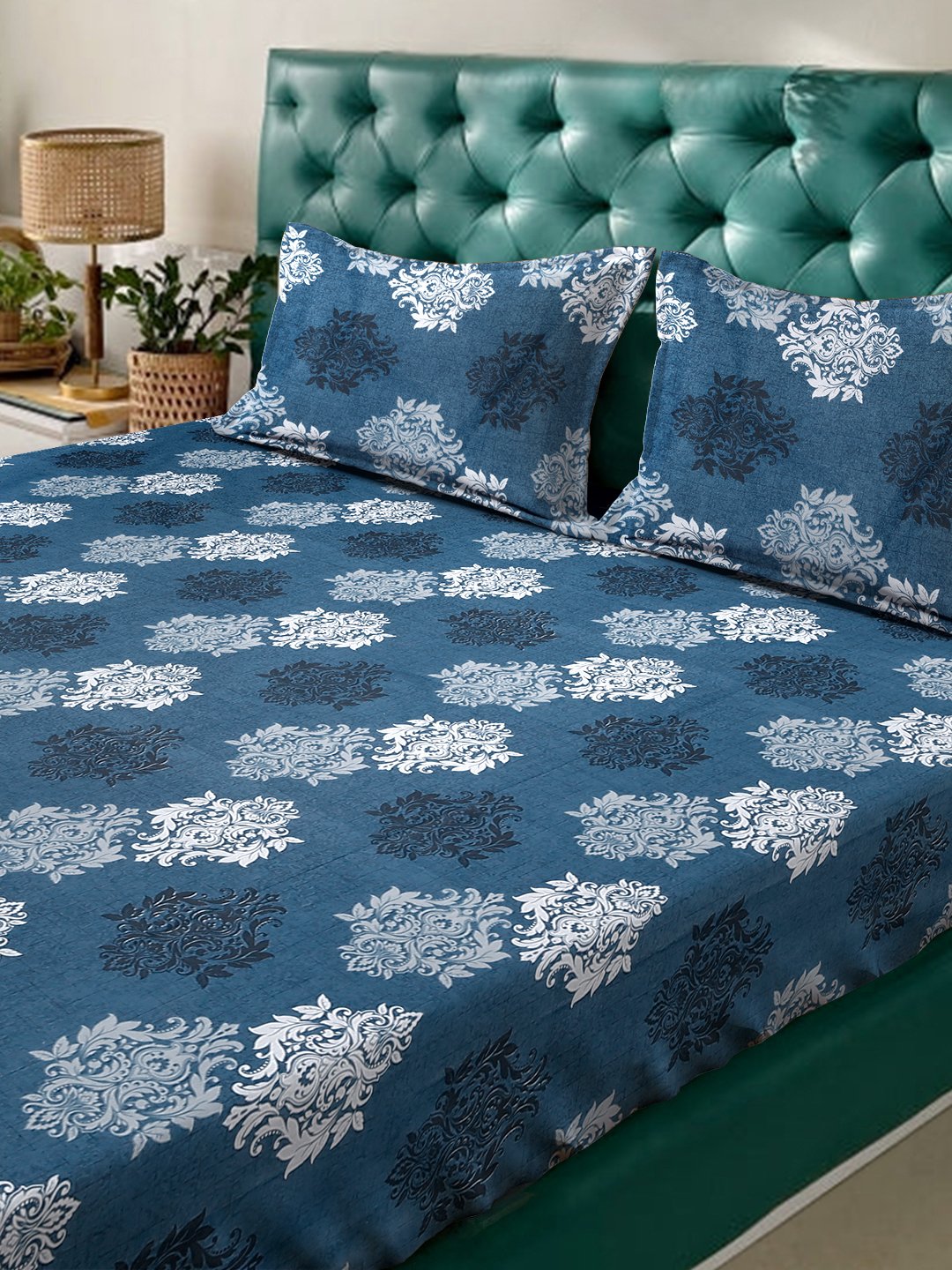 Blue Floral 400 TC Pure Cotton Fitted Double Bedsheet with 2 Pillow Covers