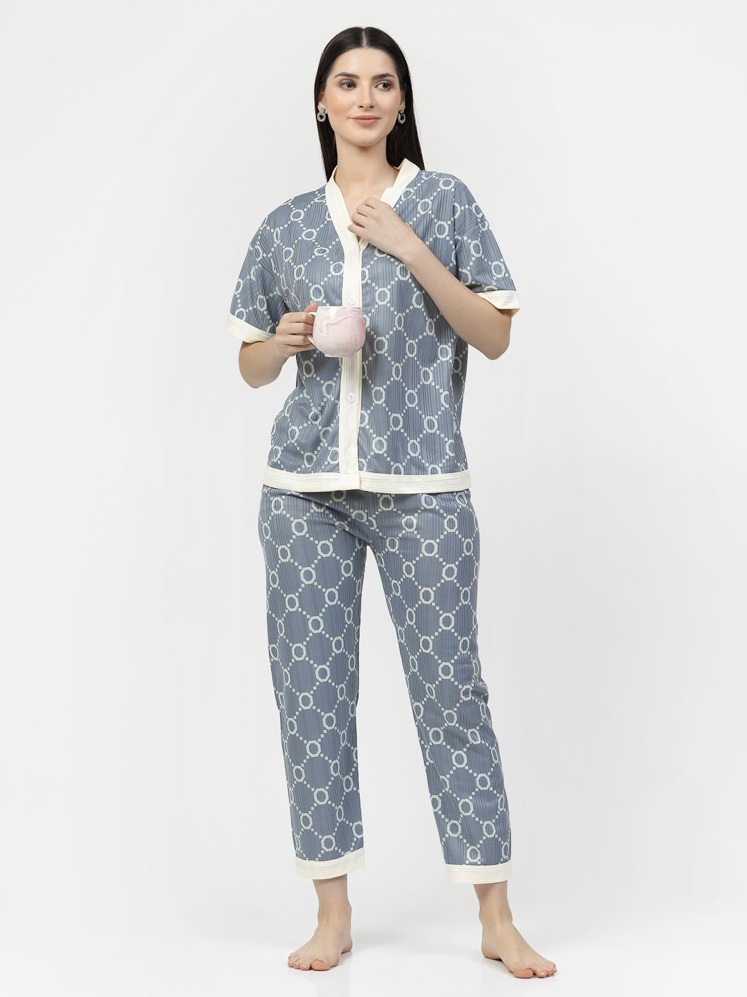 Klotthe Women Grey Geometric Satin Night Suit by KLOTTHE