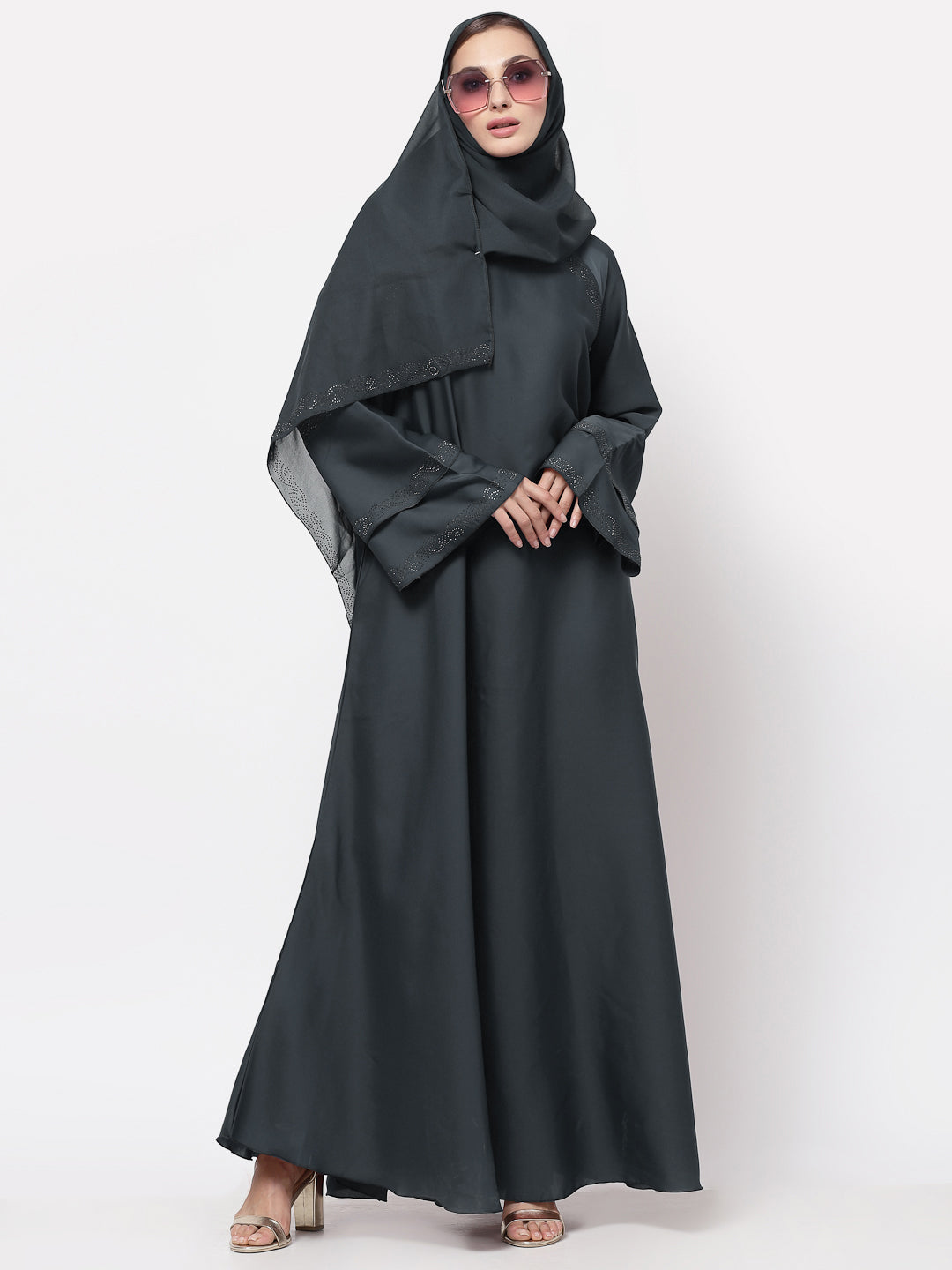 Klotthe Women Grey Embellished Burqa With Scarves