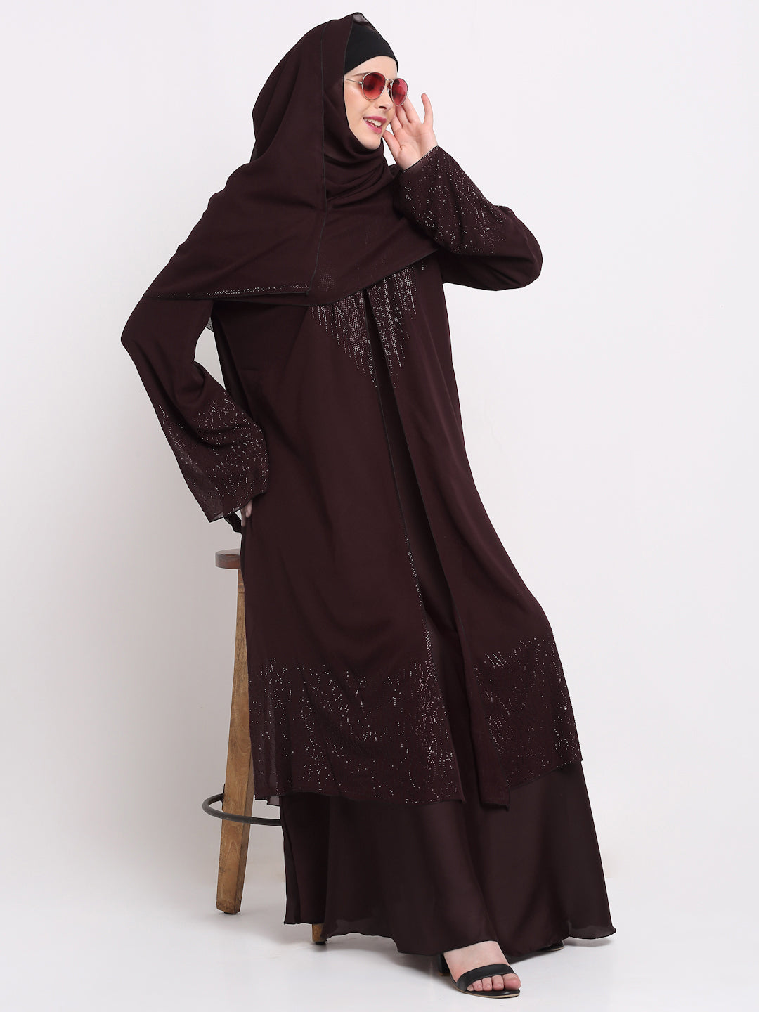 Klotthe Women Burgundy Embellished Burqa With Scarves